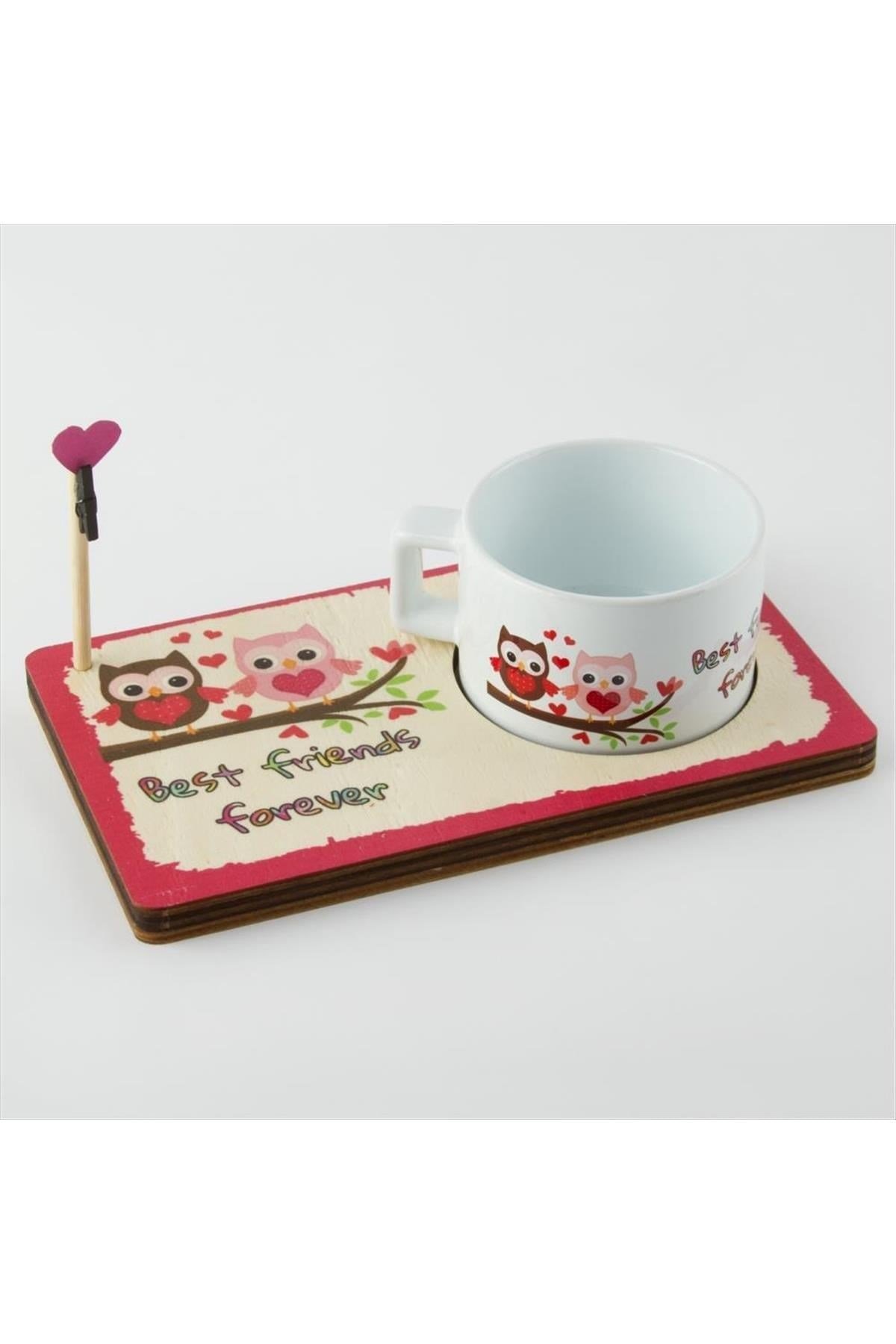 Baykuş Sonsuza Kadar En İyi Arkadaş (Best Friends Forever) Figürlü Ahşap Notluk Kupa Seti