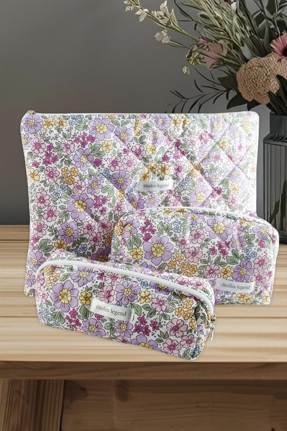 Çiçek Desenli Kalem Makyaj Labtop Bilgisayar Set Çantası
