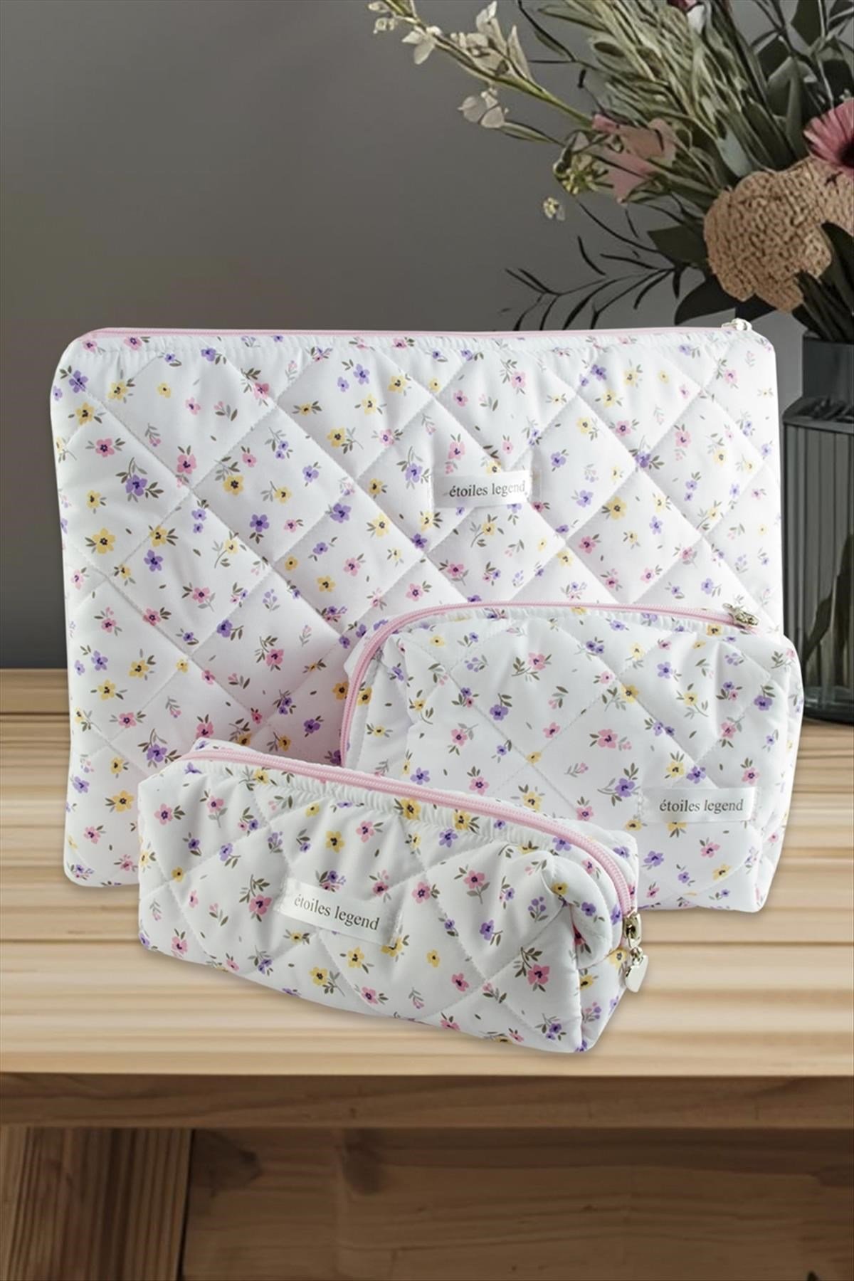 Çiçek Desenli Kalem Makyaj Labtop Bilgisayar Set Çantası