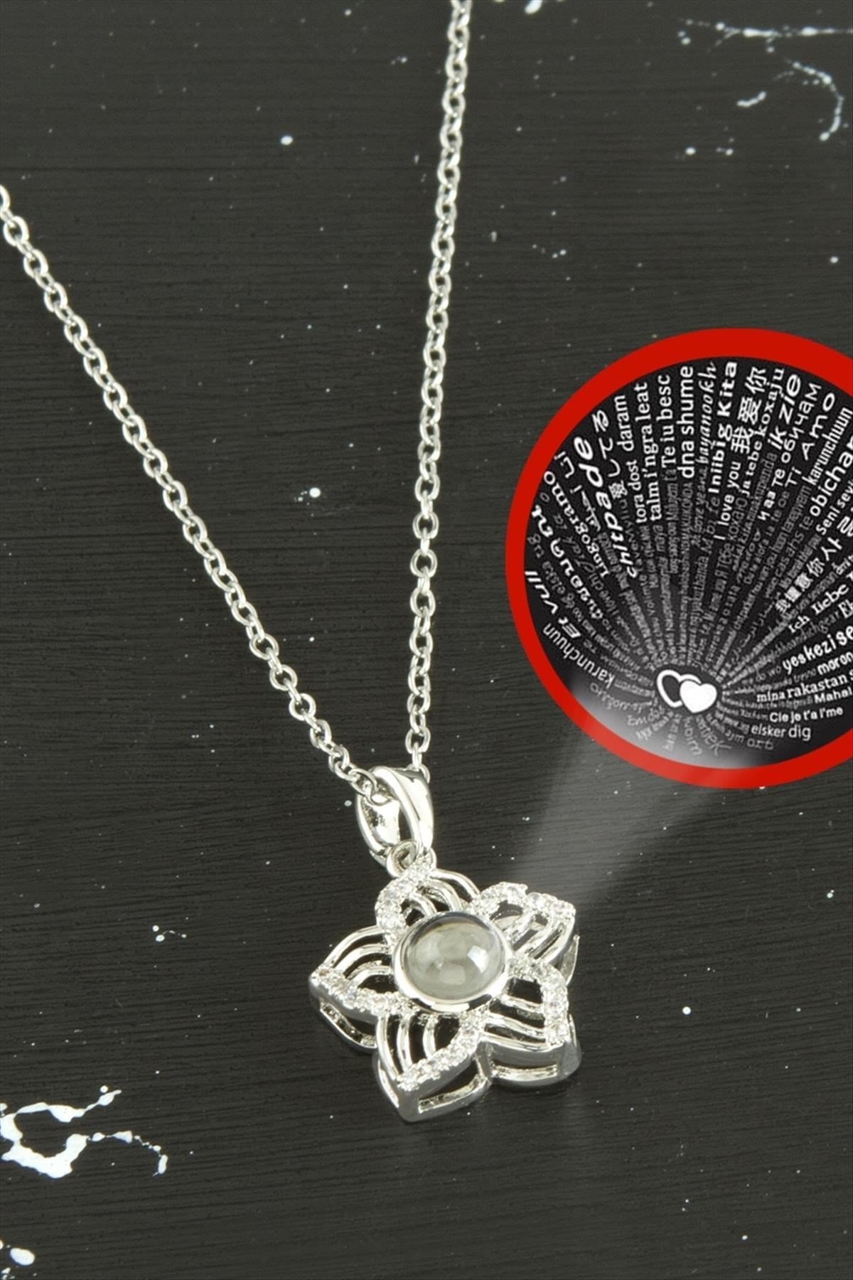 Çiçek Lüks Çelik Kolye 100 Dilde Seni Seviyorum