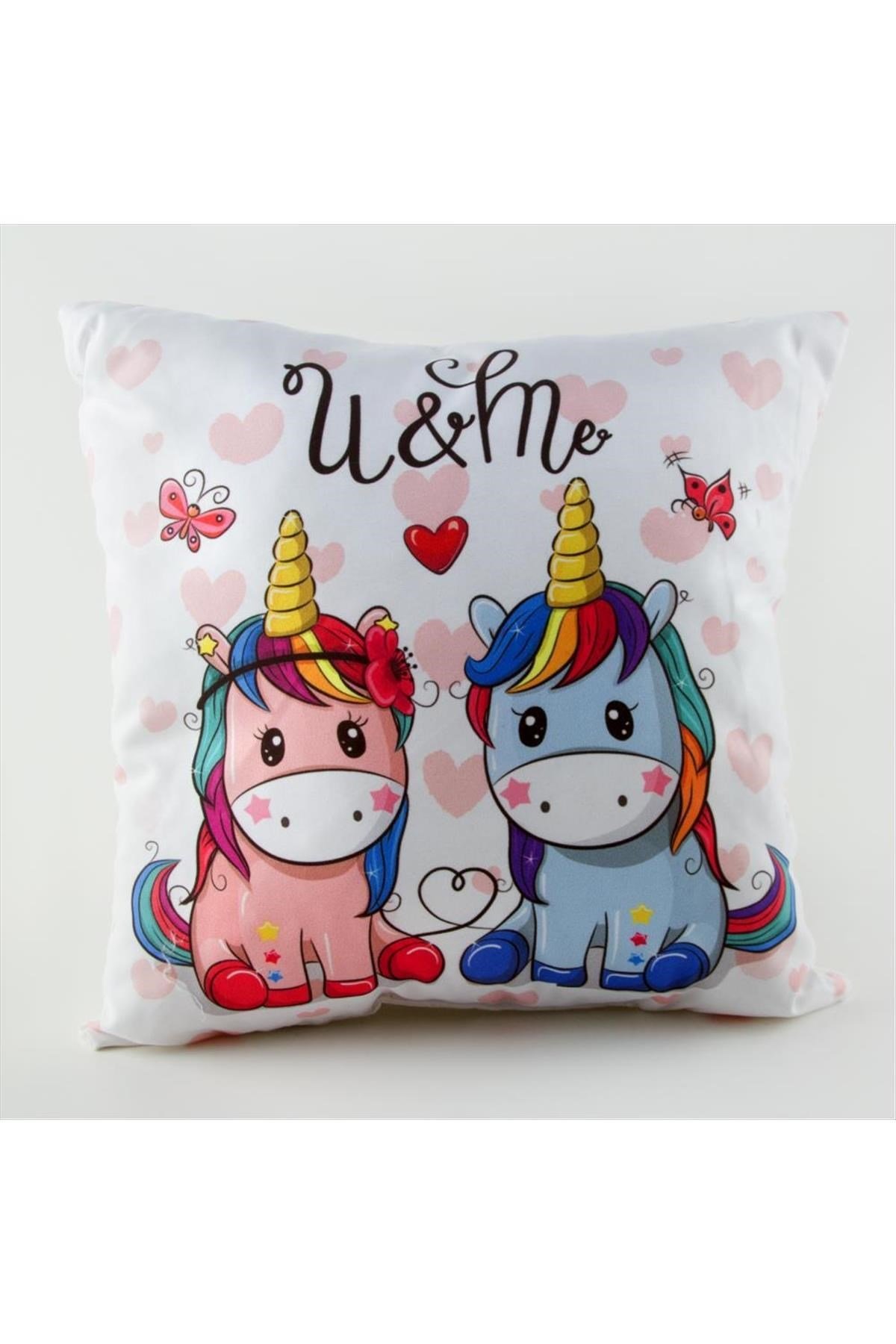 Çift Unicorn Figürlü Yazılı Puf Yastık