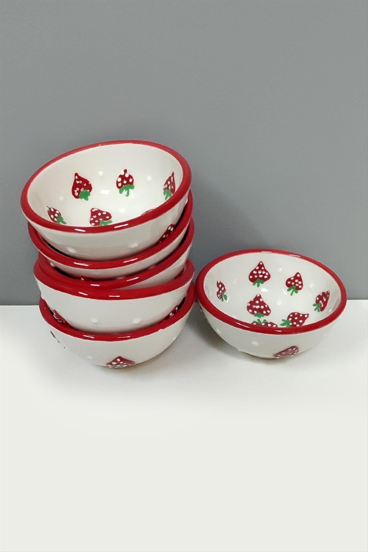 Çilek Desenli Seramik Çerezlik Set 6 Adet