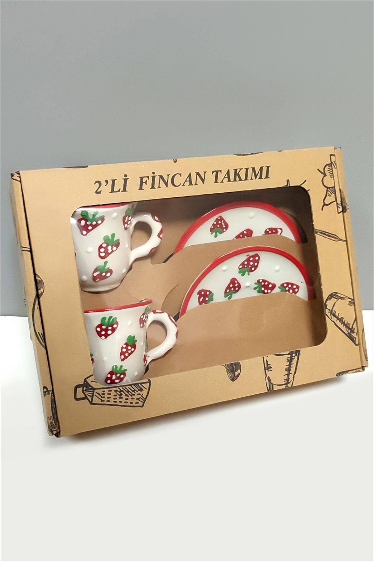 Çilek Desenli Seramik İkili Fincan Takımı