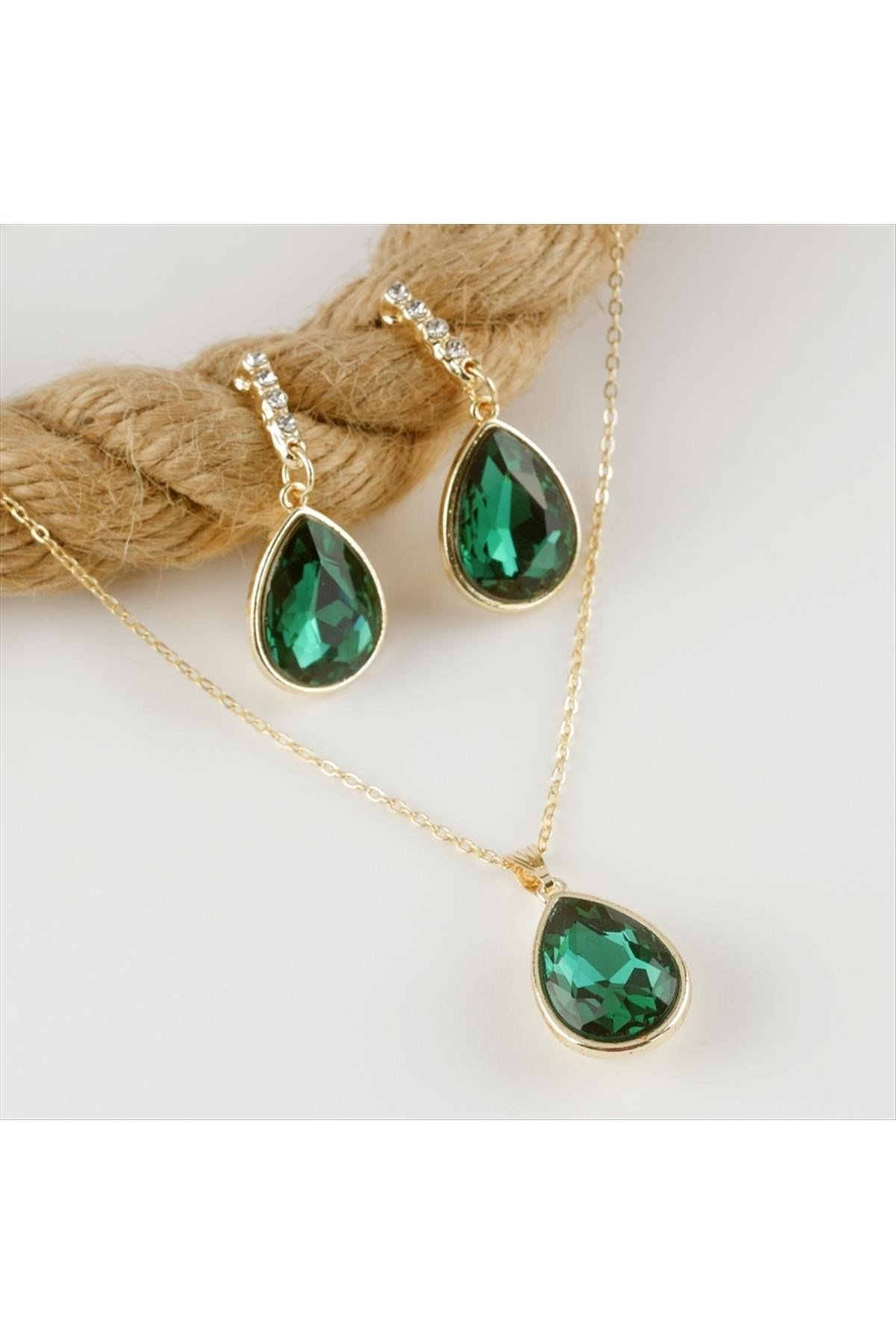 Damla Figürlü Taşlı Set Kolye 1,5 cm