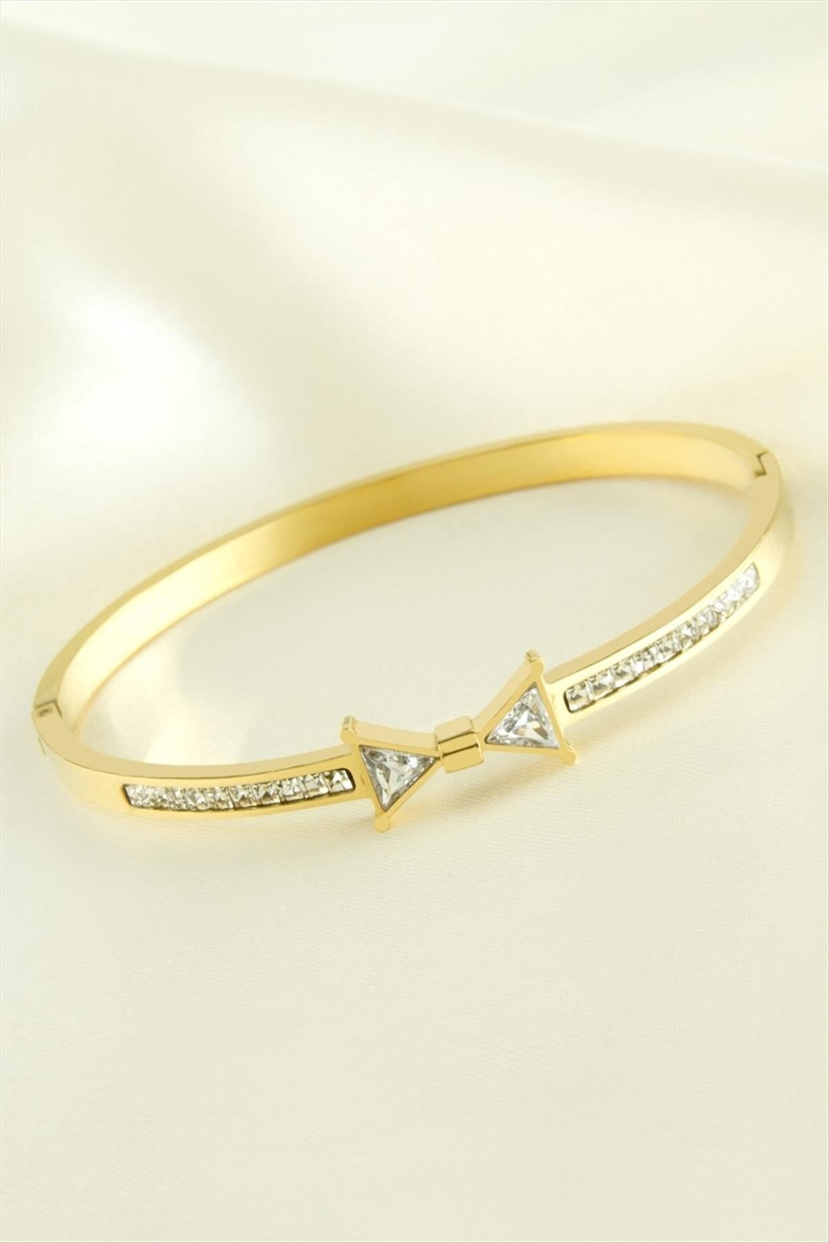 Fiyong Zirkon Taşlı Lüks Çelik Kelepçe Bileklik
