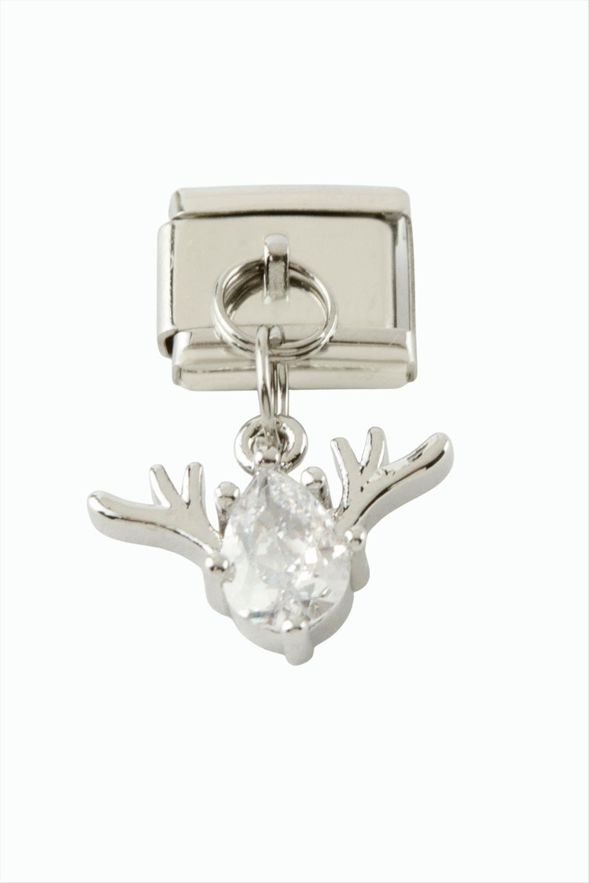 Geyik Zirkon Taşlı Sallatılı Çelik Charm
