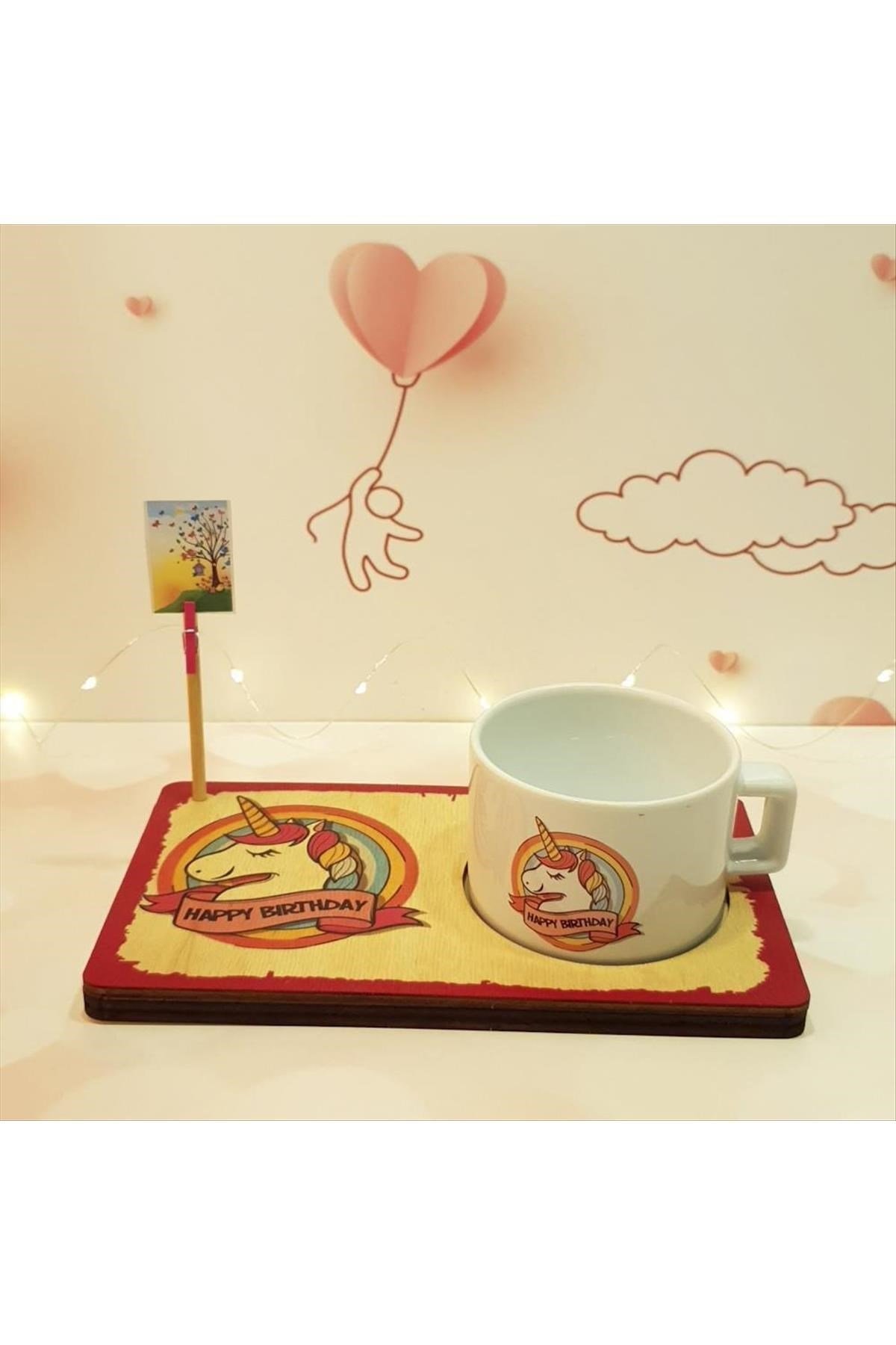 Happy Birthday (Doğum Günün Kutlu Olsun) Figürlü Ahşap Notluk Kupa Seti
