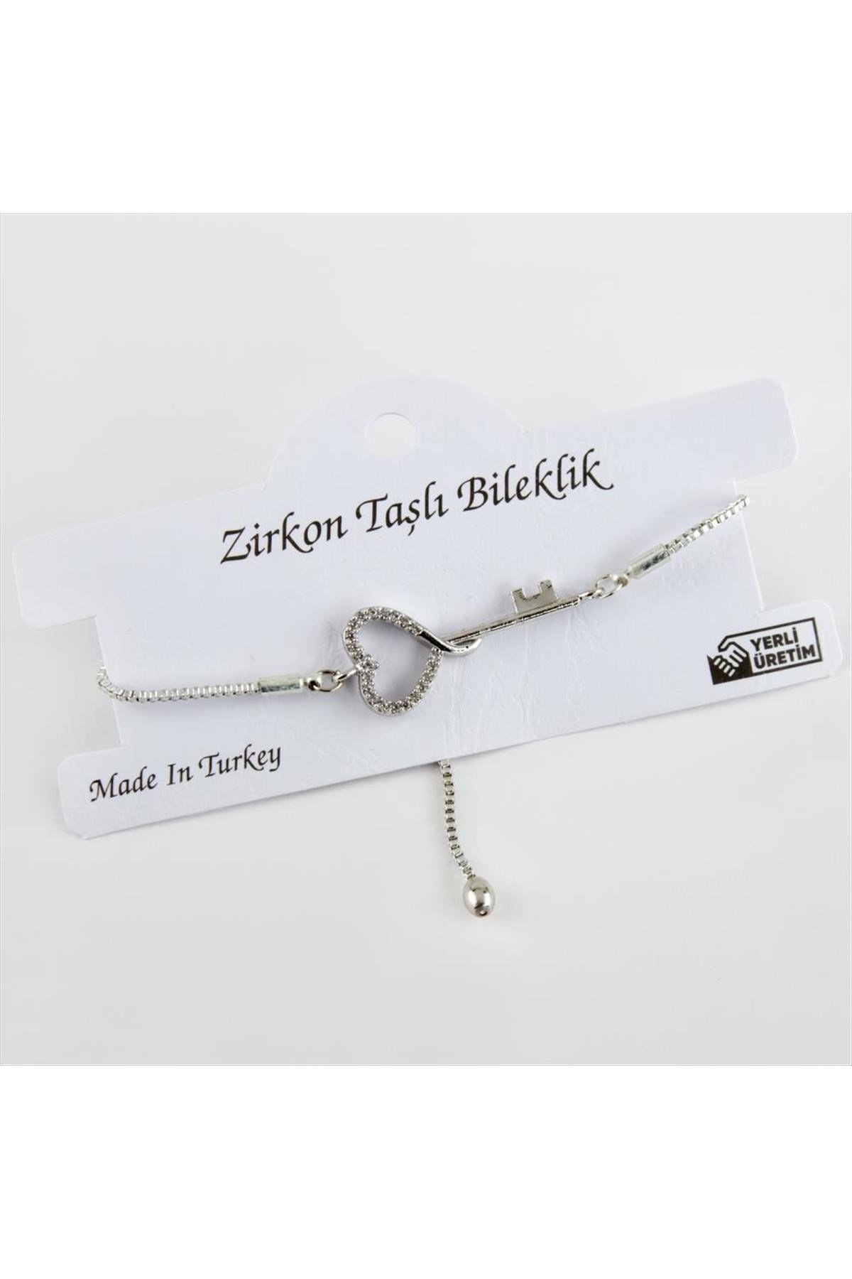 Kalp Anahtar Figürlü Zirkon Taşlı Asansörlü Bileklik