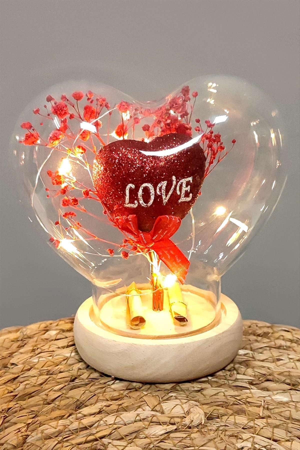 Kalp Love Yazılı Işıklı Led Cam Fanus