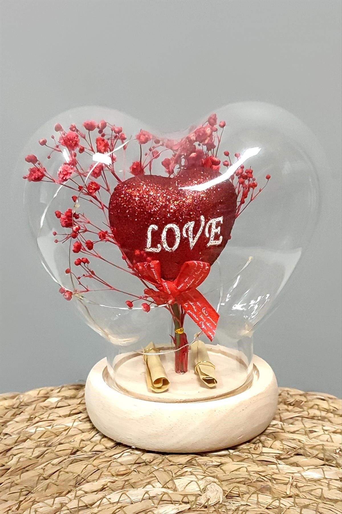 Kalp Love Yazılı Işıklı Led Cam Fanus