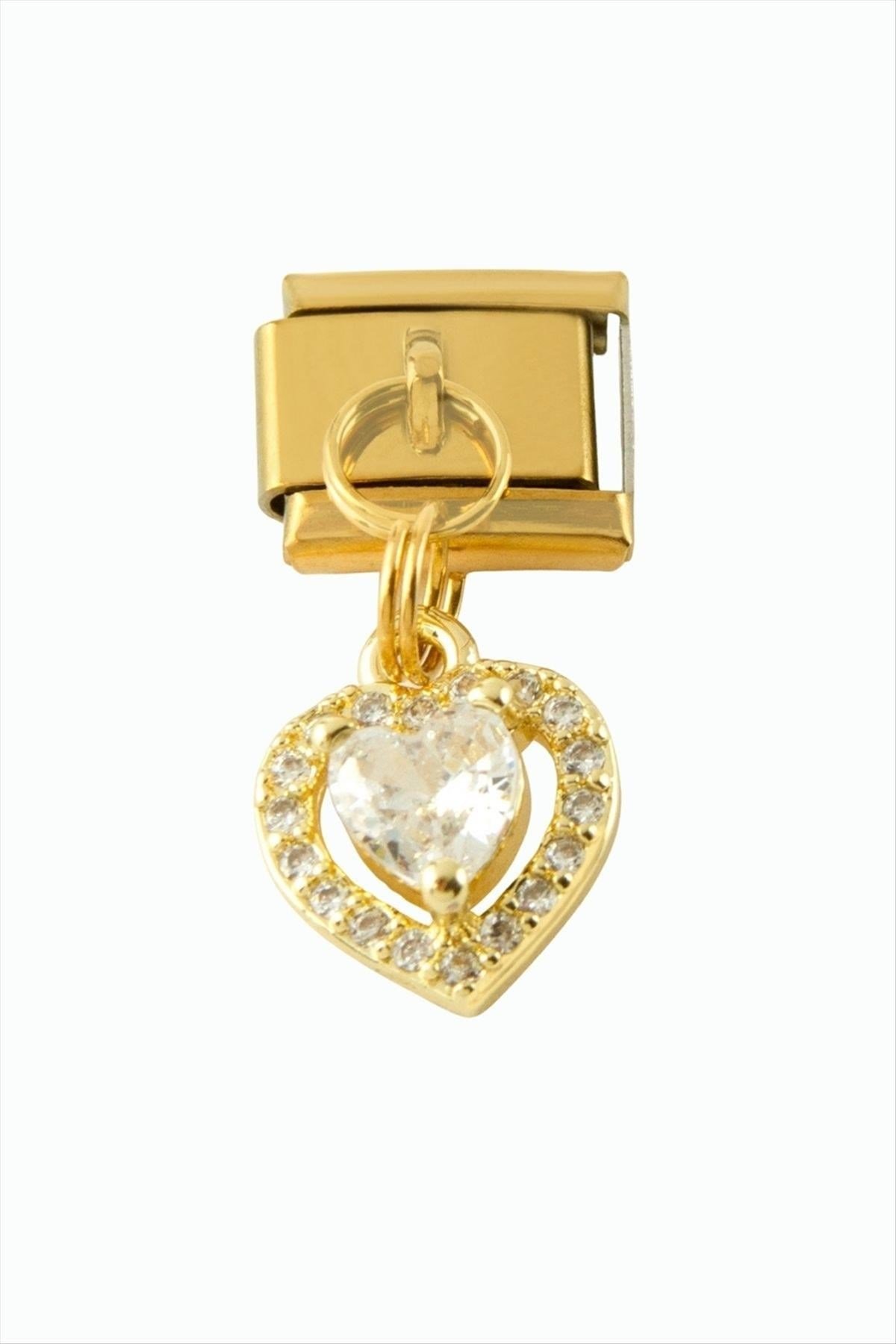 Kalp Zirkon Taşlı Sallatılı Çelik Charm