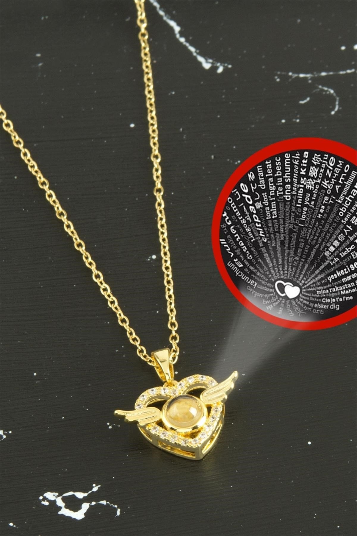 Kanatlı Kalp Lüks Çelik Kolye 100 Dilde Seni Seviyorum
