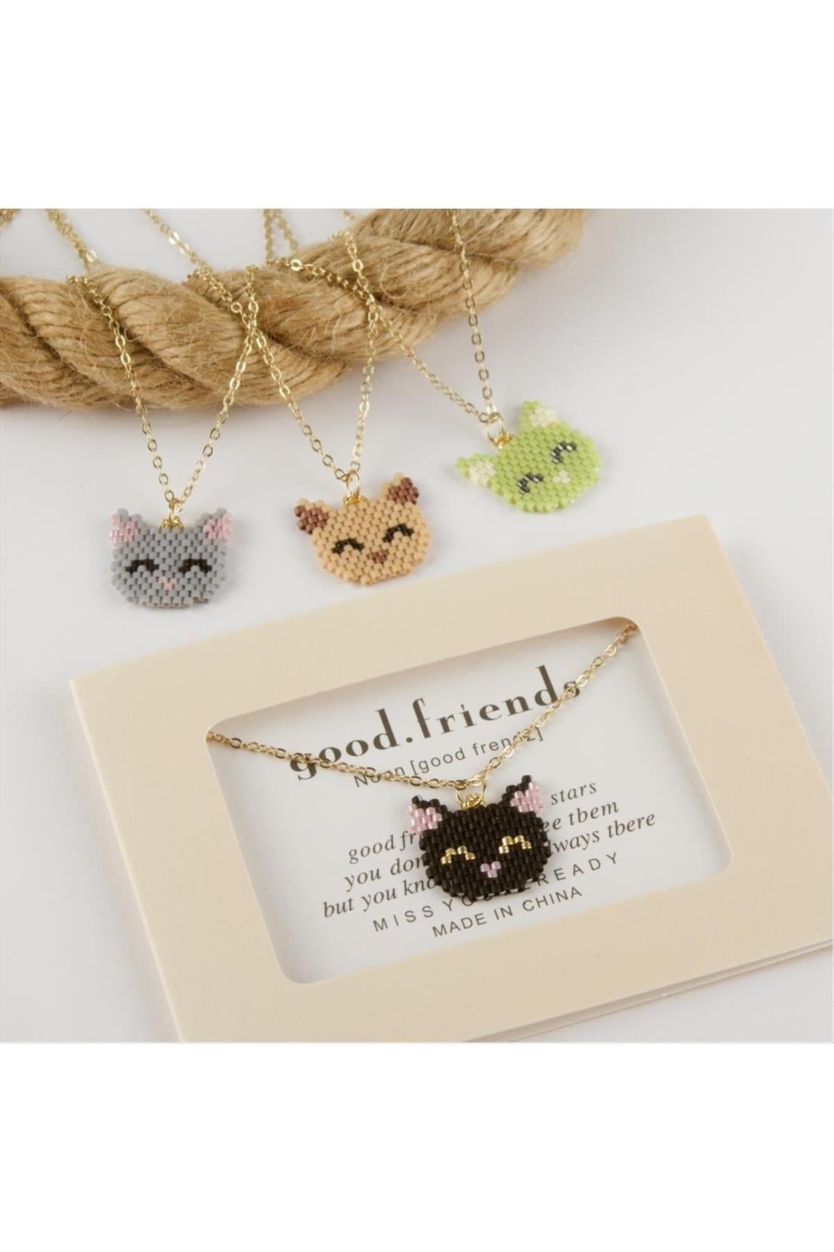 Kedi Figürlü Miyoki Boncuk Etnik Kolye