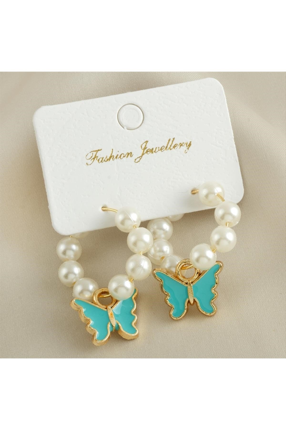 Kelebek Mineli İnci Halka Küpe