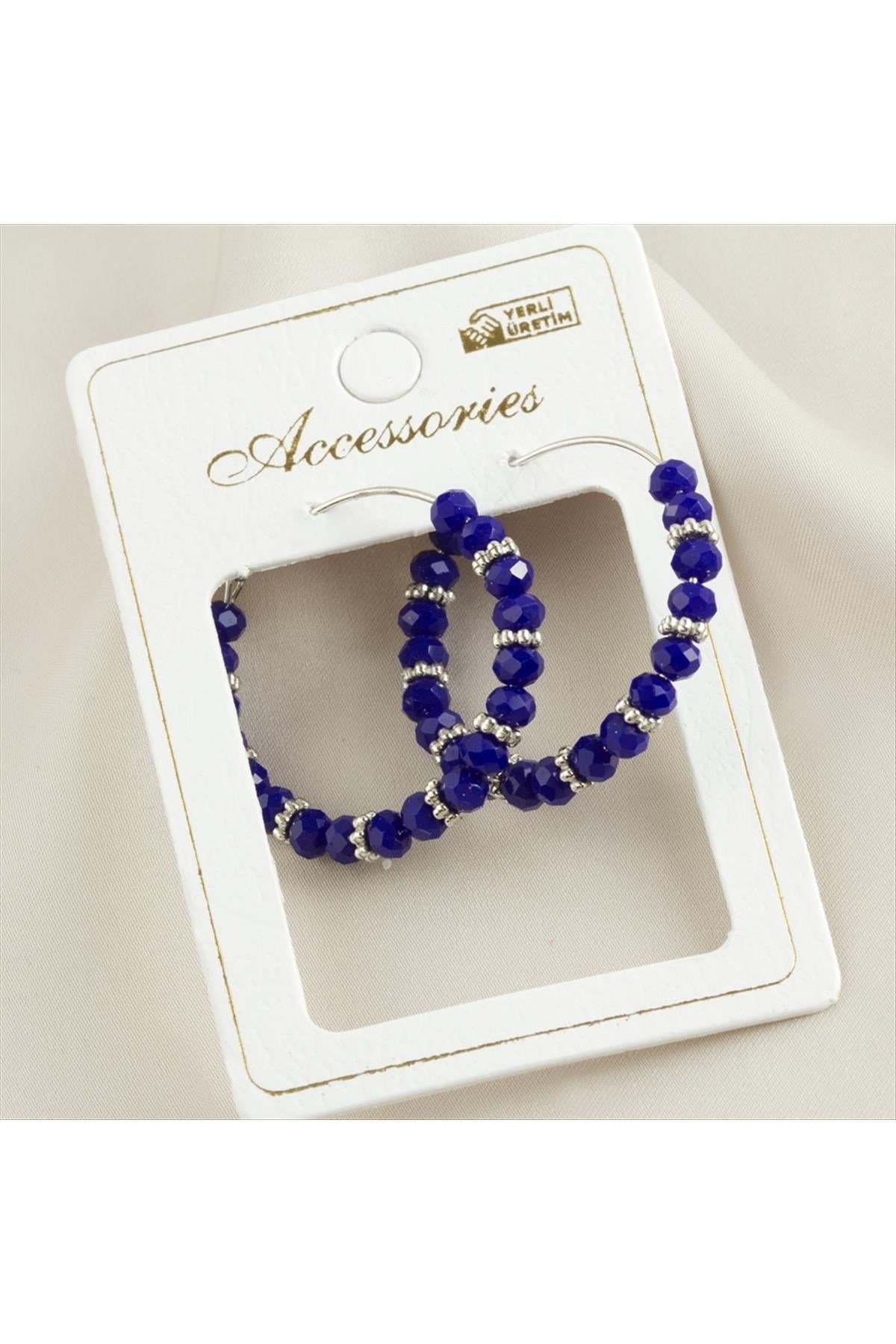 Lacivert Renkli Kristal Boncuk Halka Küpe 3 cm