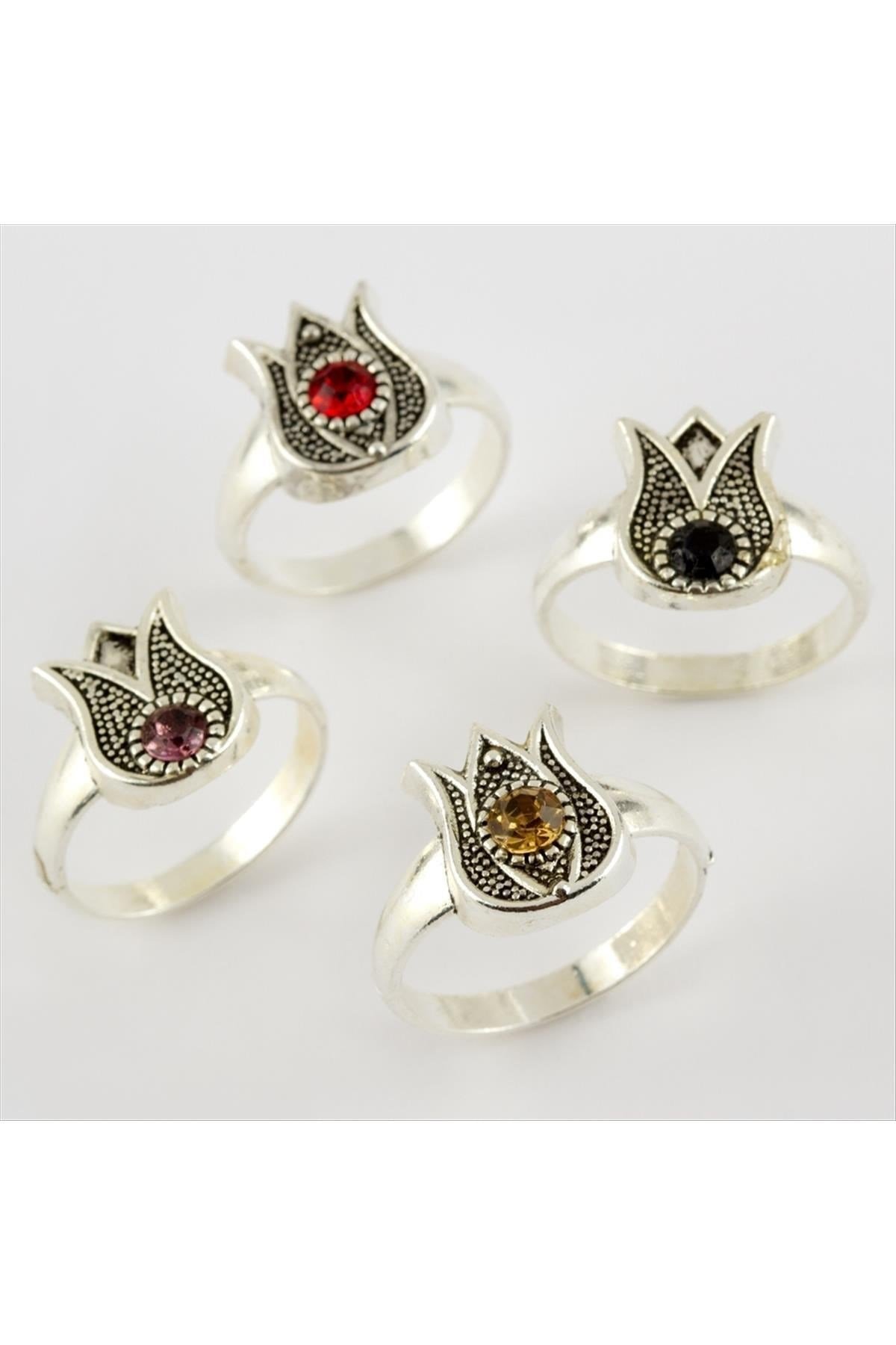 Lale Figürlü Kristal Taşlı Metal Yüzük