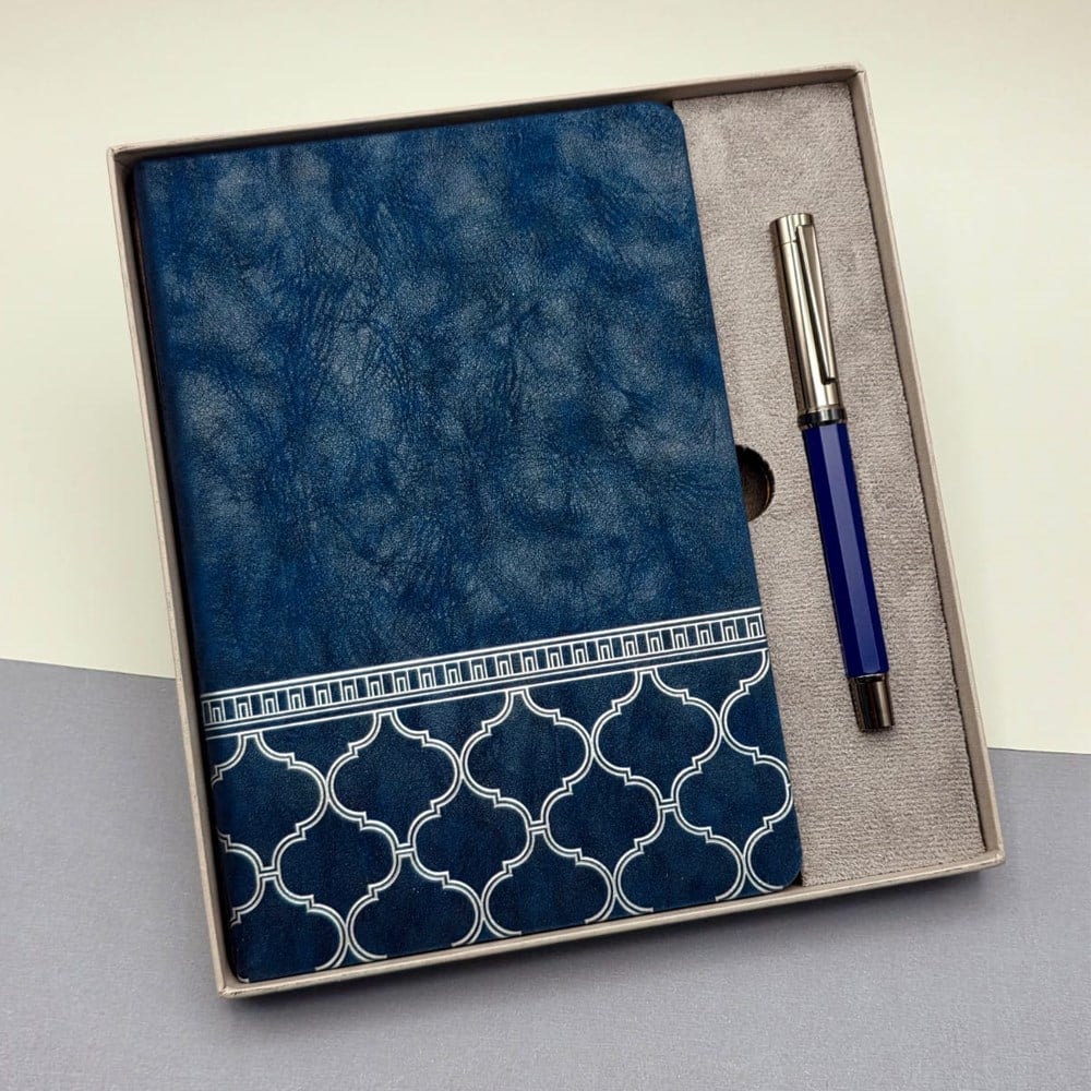 Mavi Termo Deri Defter Ve Metal Roller Kalem Seti