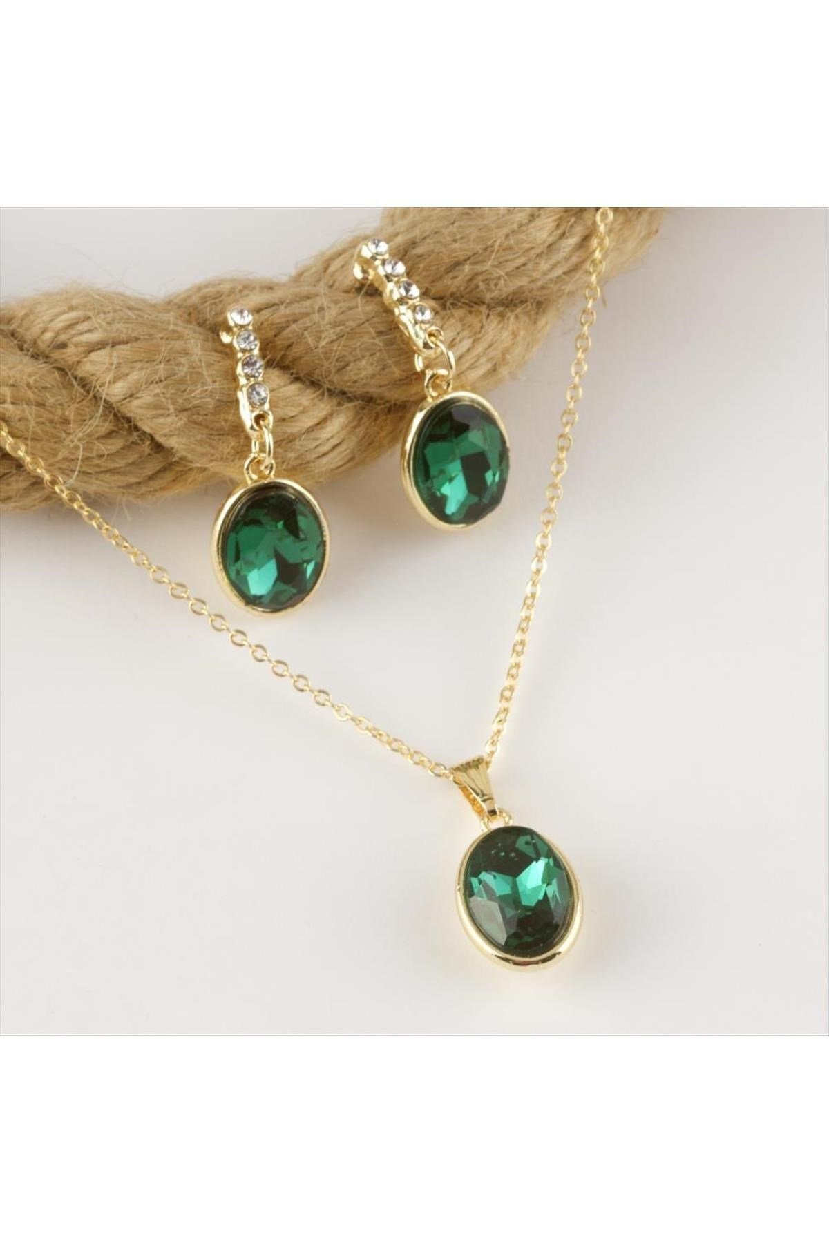 Oval Figürlü Taşlı Set Kolye 1,5 cm