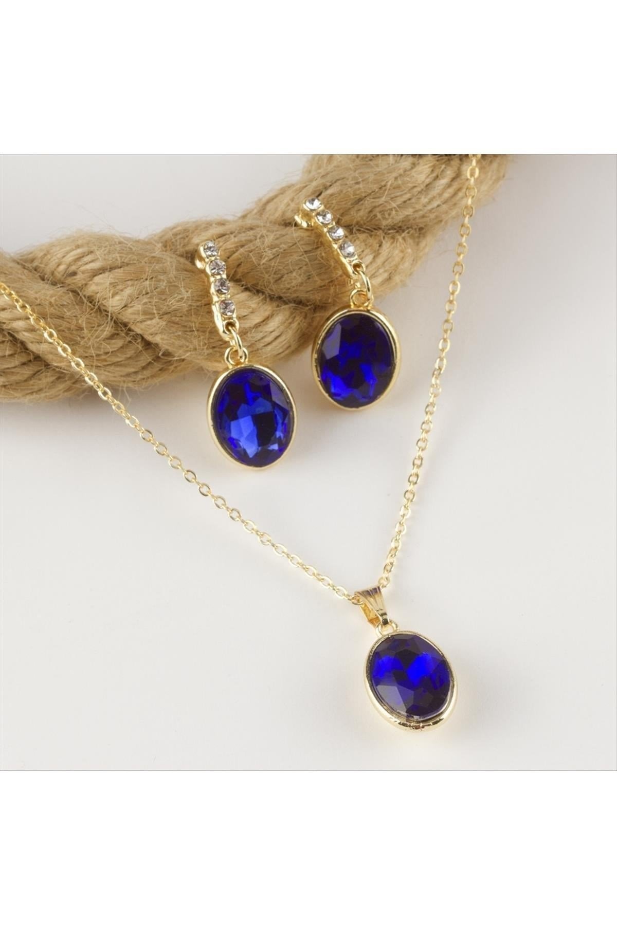 Oval Figürlü Taşlı Set Kolye 2 cm