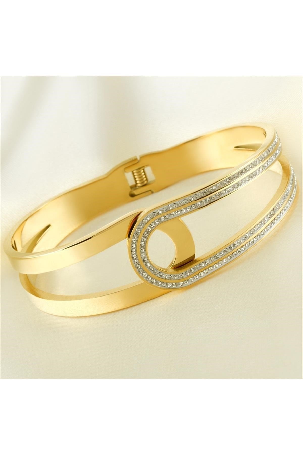 Oval Taşlı Çelik Kelepçe Bileklik