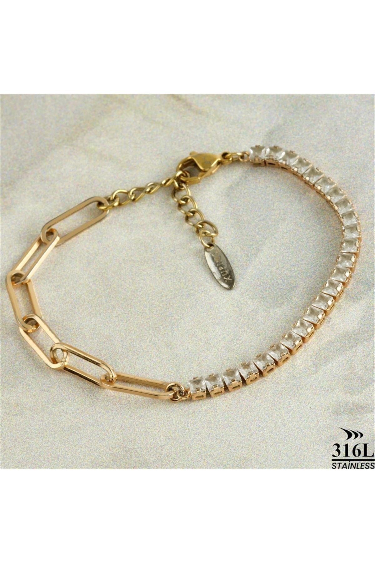 Oval Zirkon Taşlı Lüks Çelik Bileklik