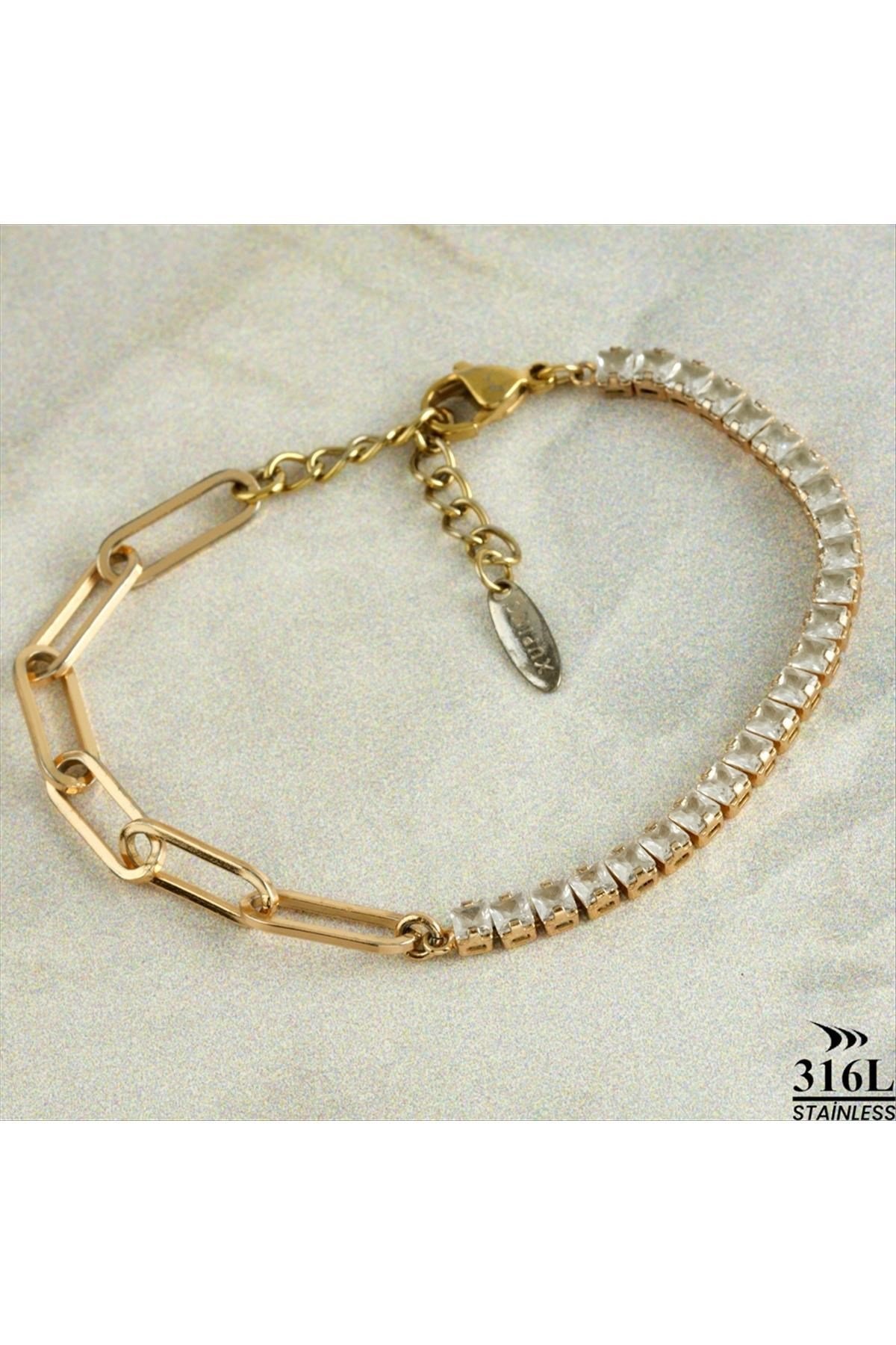 Oval Zirkon Taşlı Lüks Çelik Bileklik