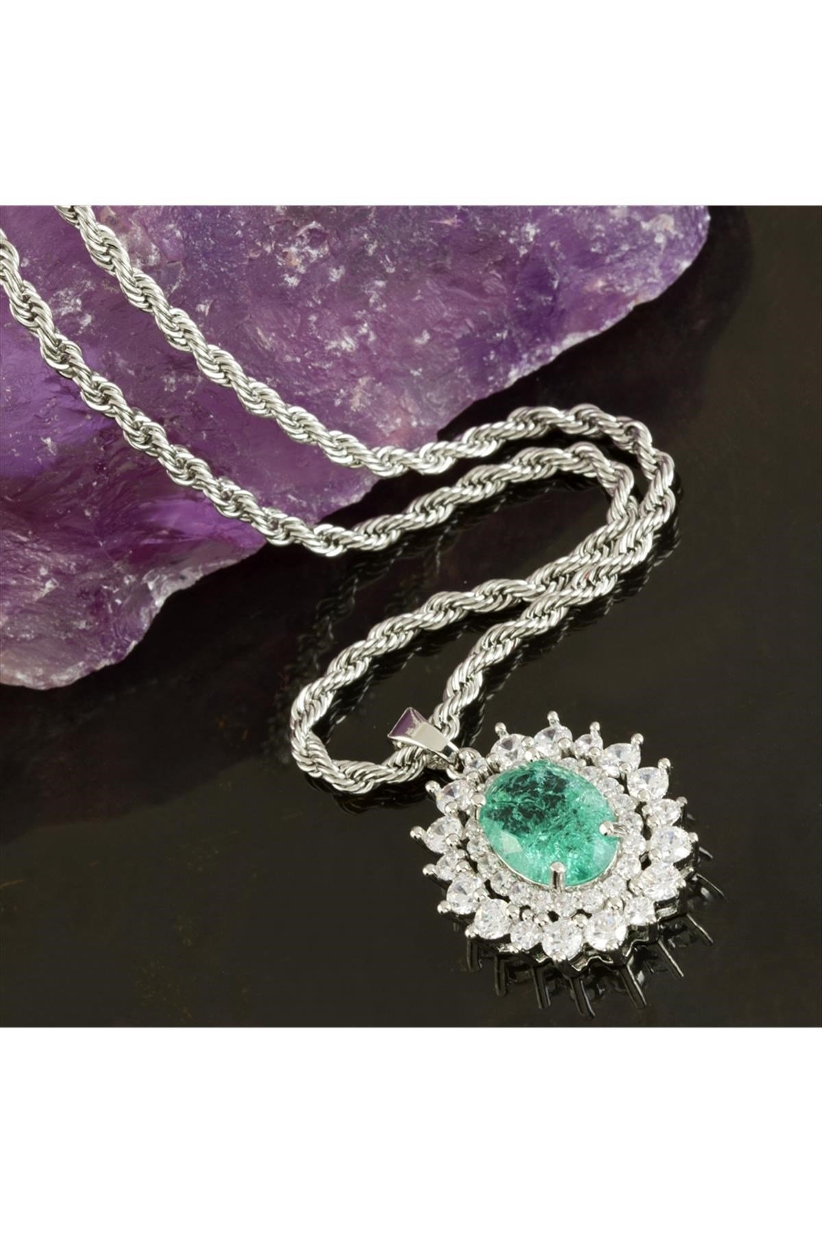 Oval Zirkon Taşlı Lüks Uzun Çelik Kolye