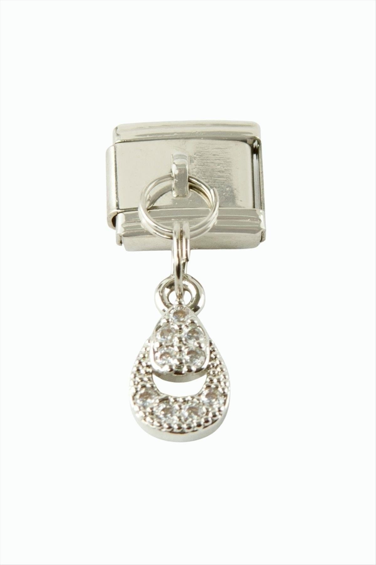 Oval Zirkon Taşlı Sallatılı Çelik Charm