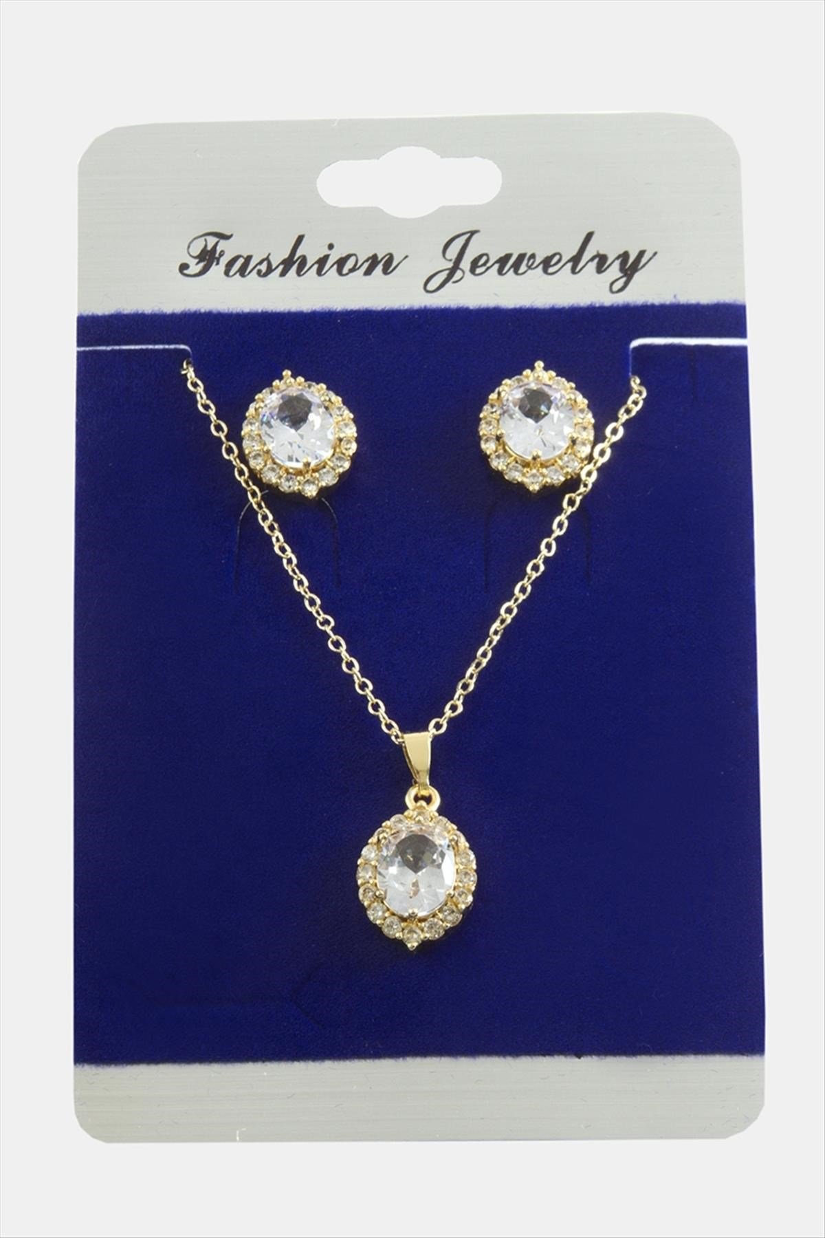 Oval Zirkon Taşlı Set Kolye