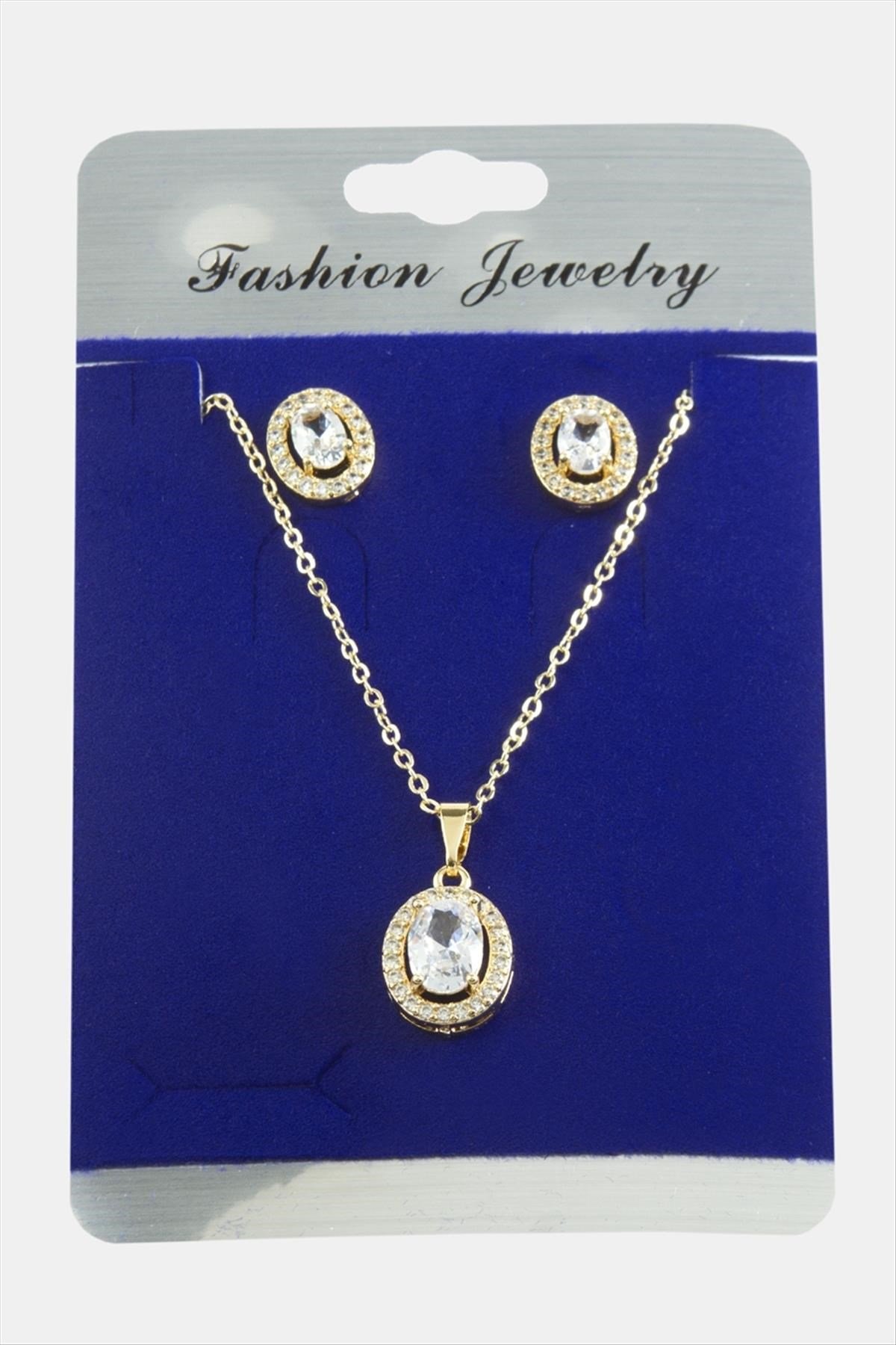 Oval Zirkon Taşlı Set Kolye