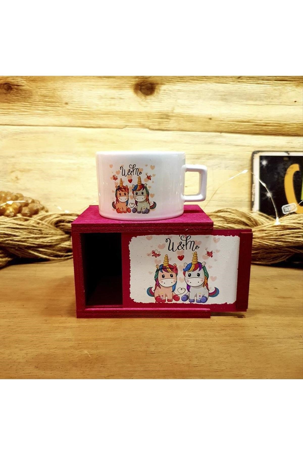 Sen Ben Unicorn Figürlü Ahşap Kutulu Kupa