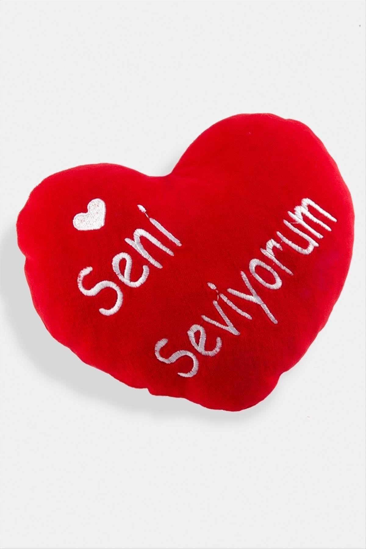 Seni Seviyorum Yazılı Kalp Kırmızı Yastık 24 cm