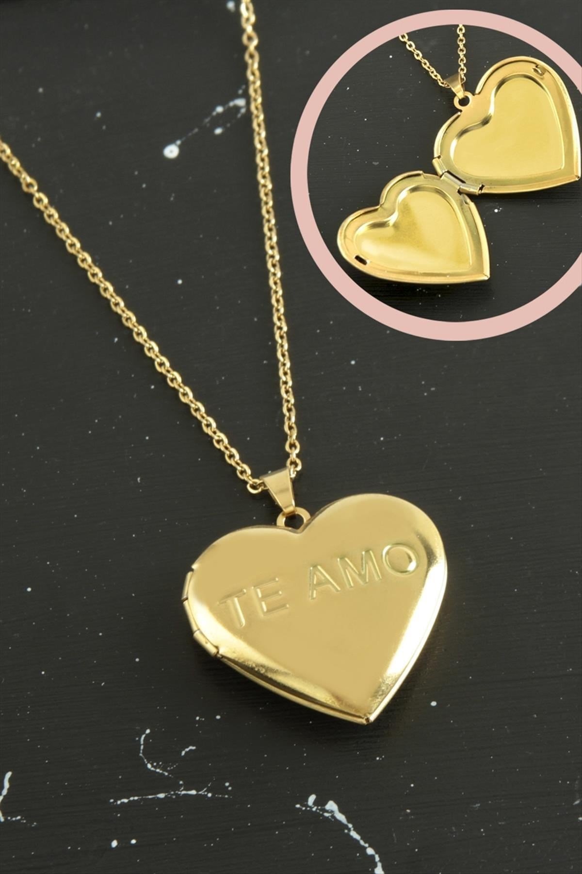 Te Amo (Seni Seviyorum) Yazılı Kalp Kapaklı Çelik Kolye