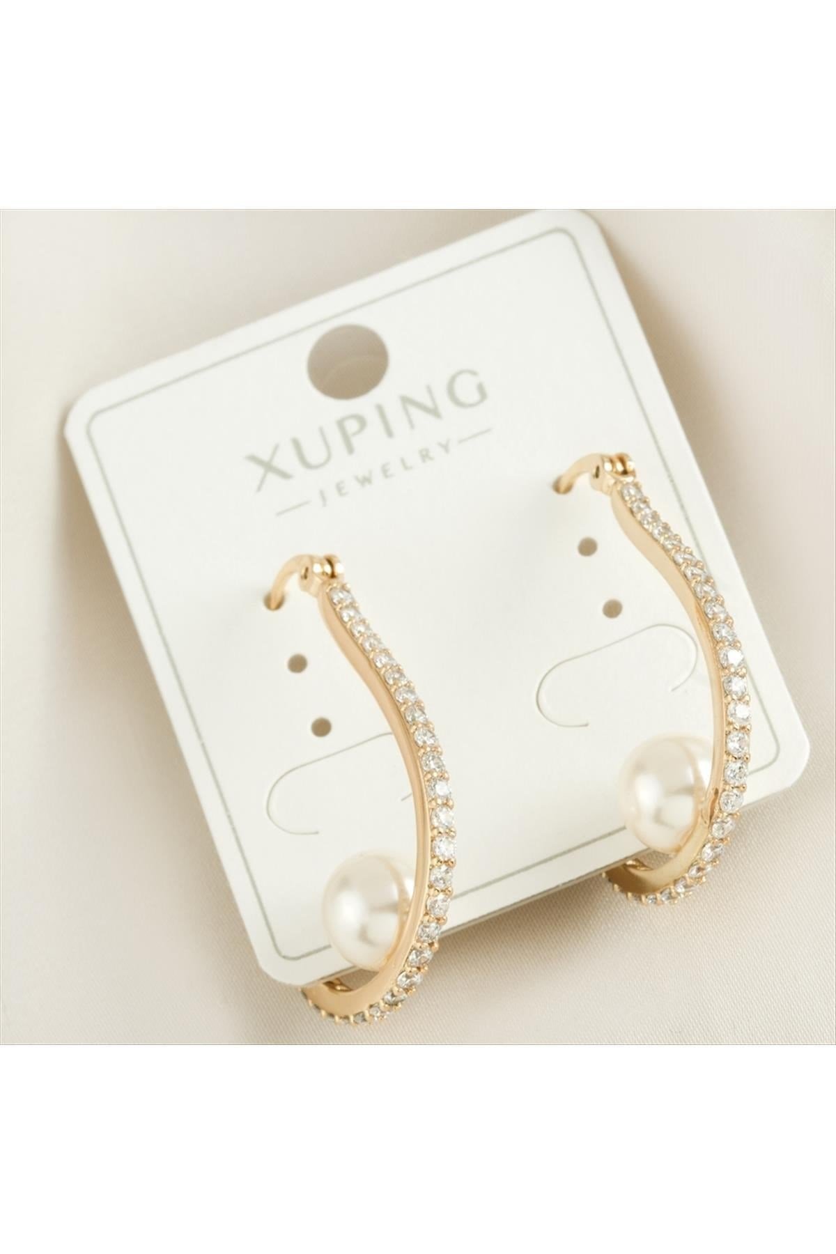 Xuping Oval İnci Zirkon Taşlı Lüks Çelik Küpe