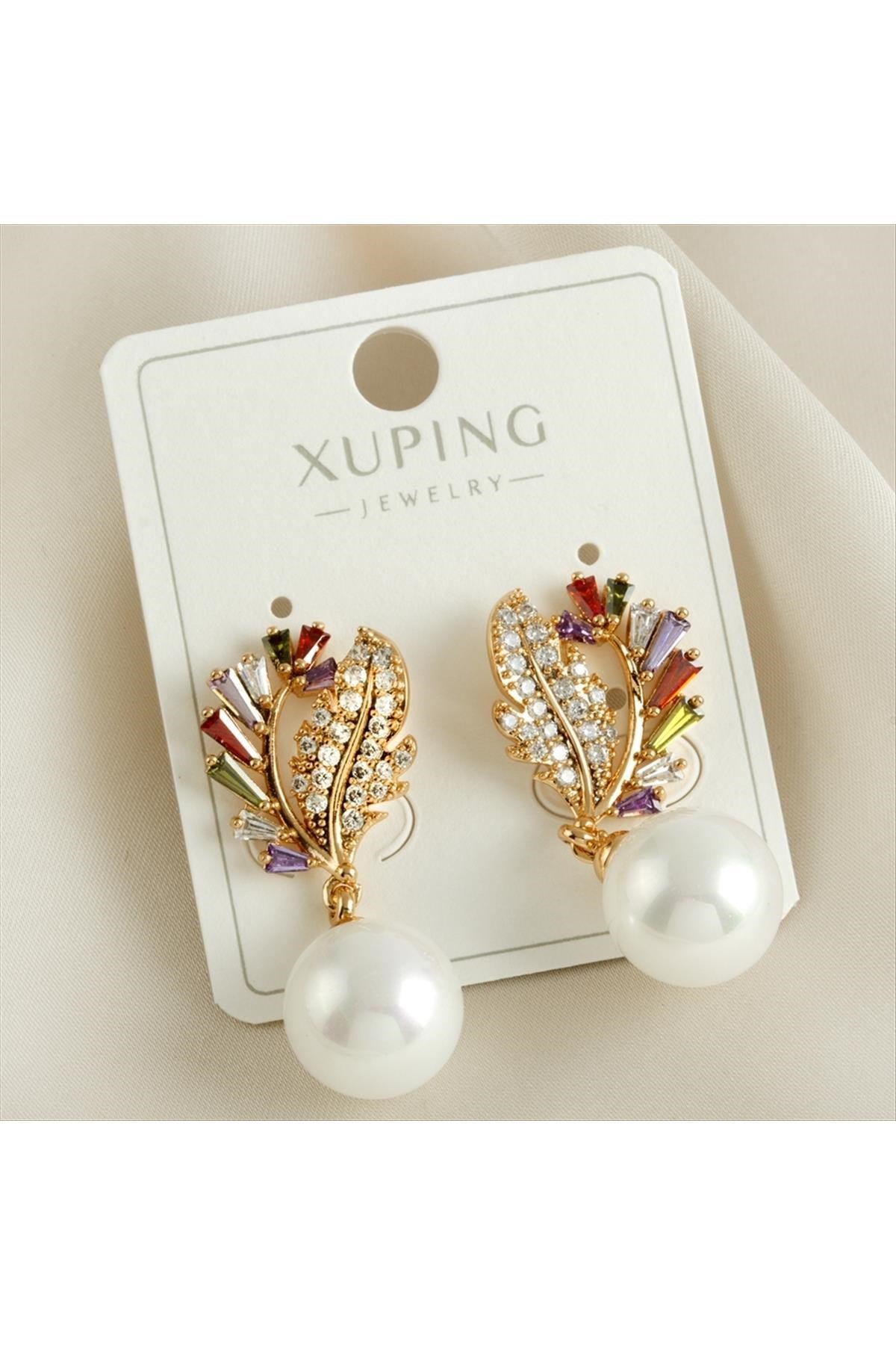 Xuping Yaprak İnci Zirkon Taşlı Lüks Küpe