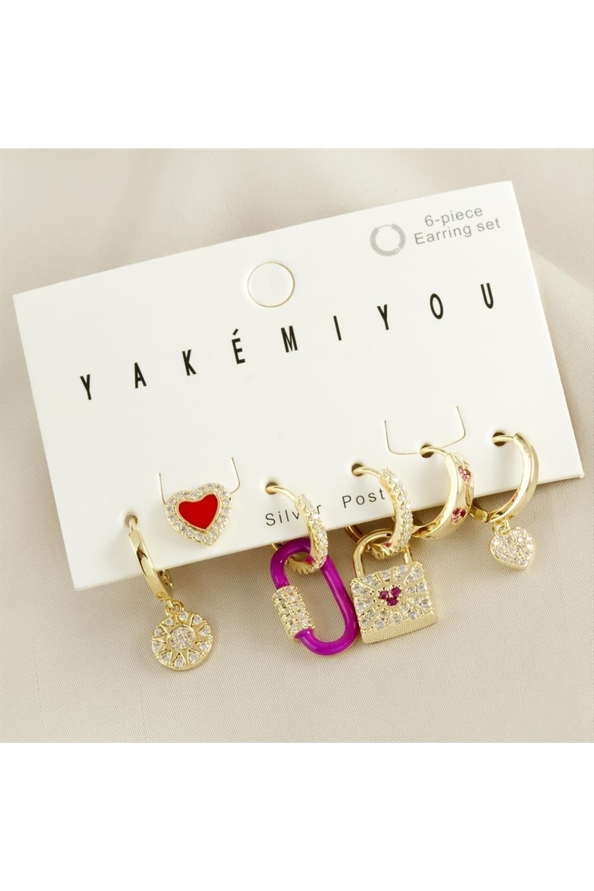 Yakemiyou 6 Adet Kalp Zirkon Taşlı Lüks Çelik Küpe