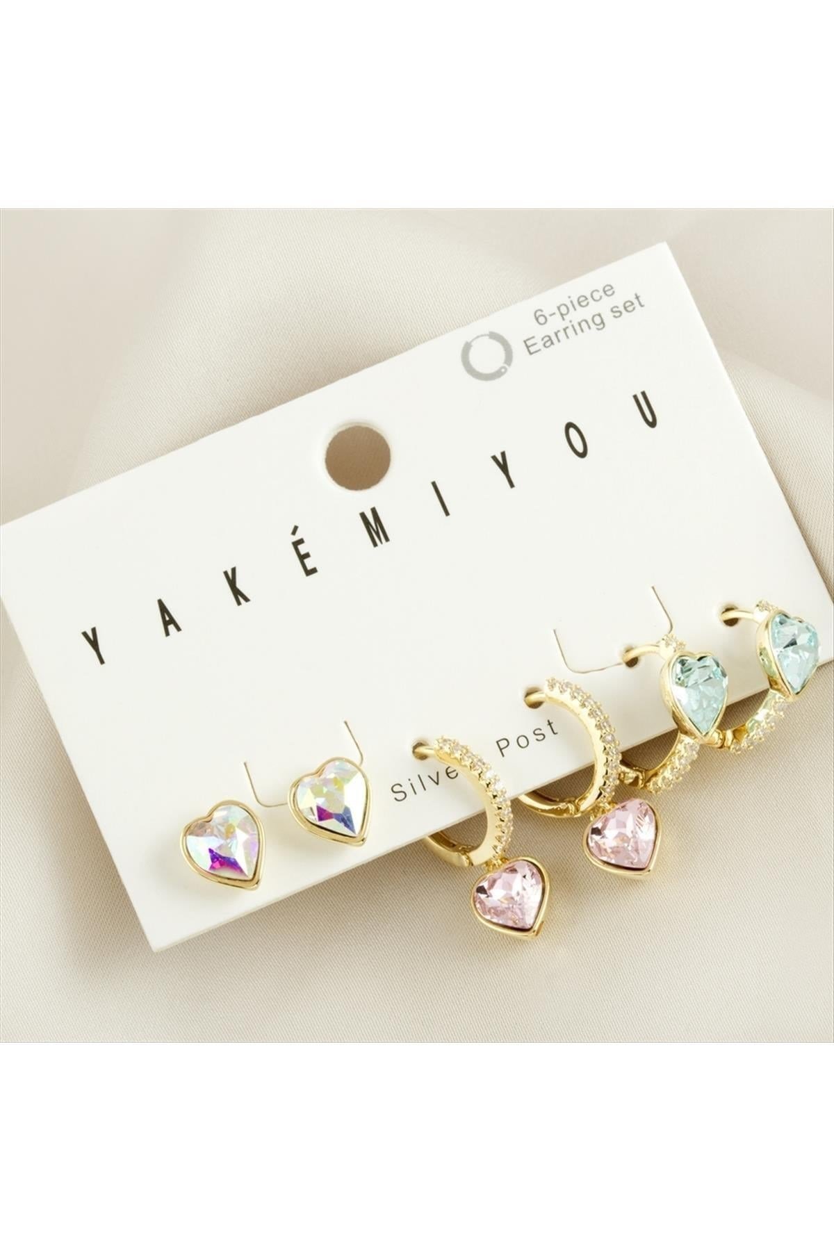 Yakemiyou 6 Adet Kalp Zirkon Taşlı Lüks Çelik Küpe