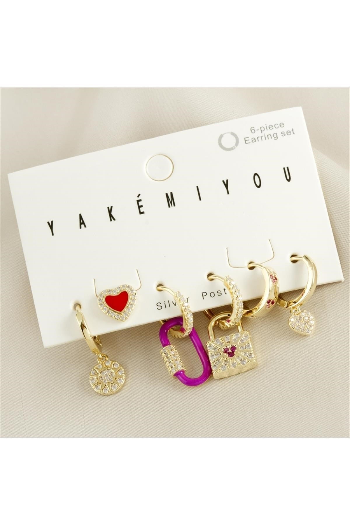 Yakemiyou 6 Adet Kalp Zirkon Taşlı Lüks Çelik Küpe