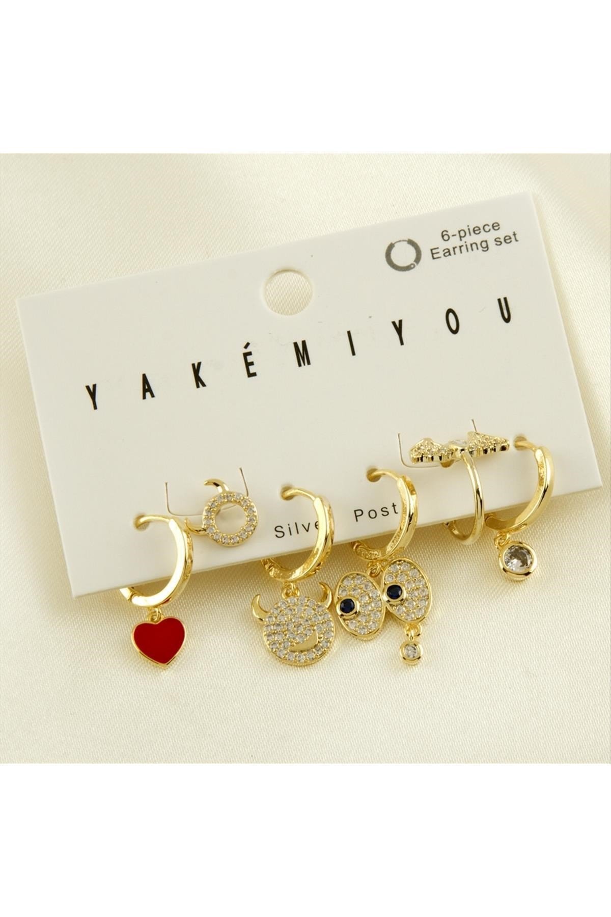 Yakemiyou 6 Adet Kalp Zirkon Taşlı Lüks Çelik Küpe