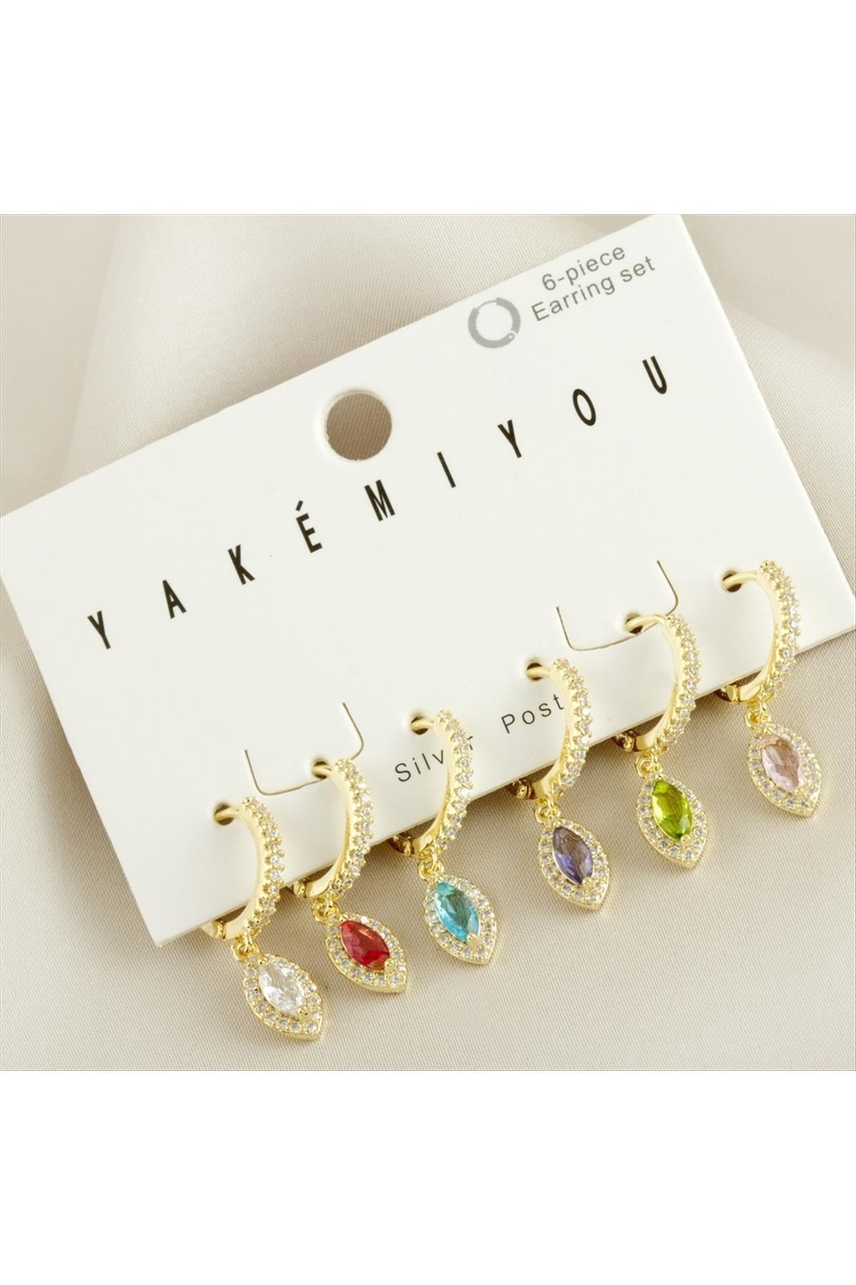 Yakemiyou 6 Adet Oval Zirkon Taşlı Lüks Çelik Küpe