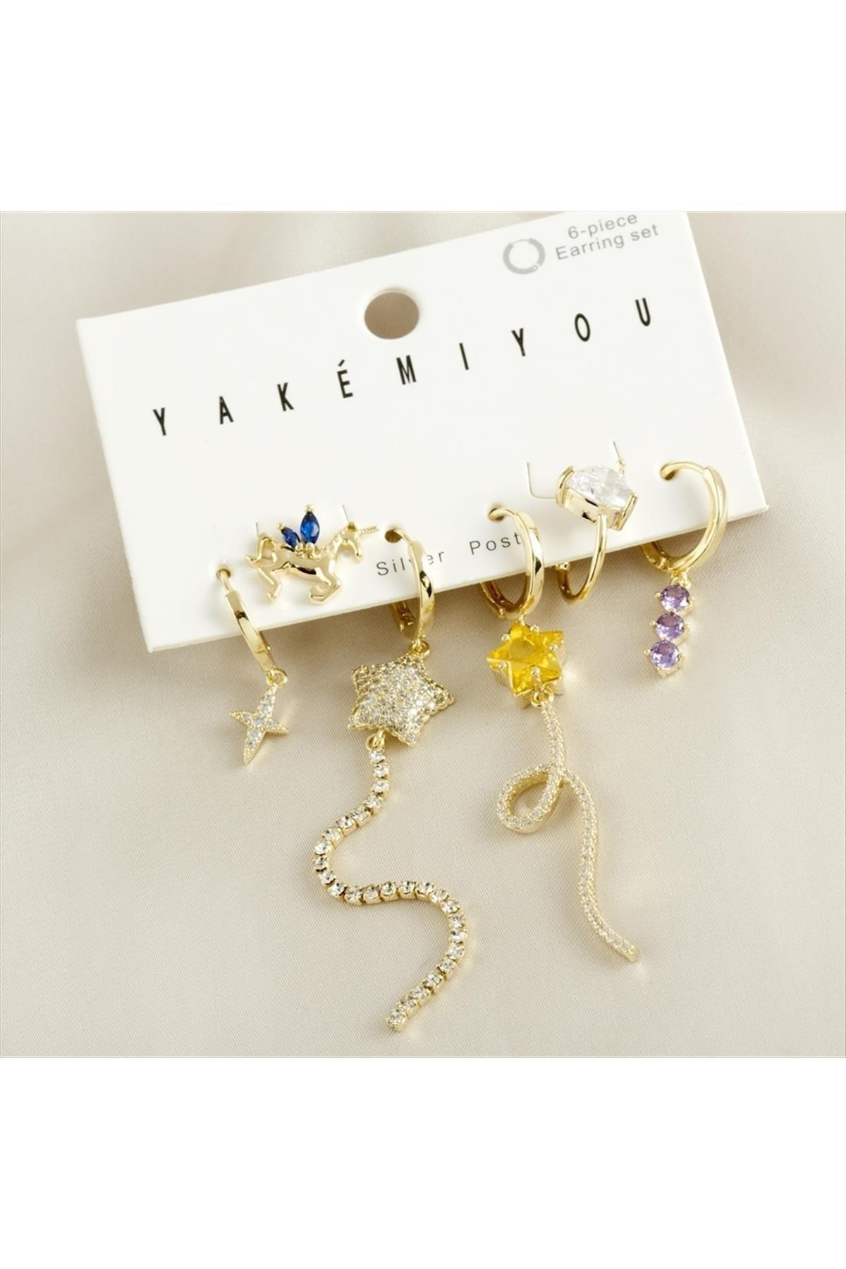 Yakemiyou 6 Adet Unicorn Zirkon Taşlı Lüks Çelik Küpe