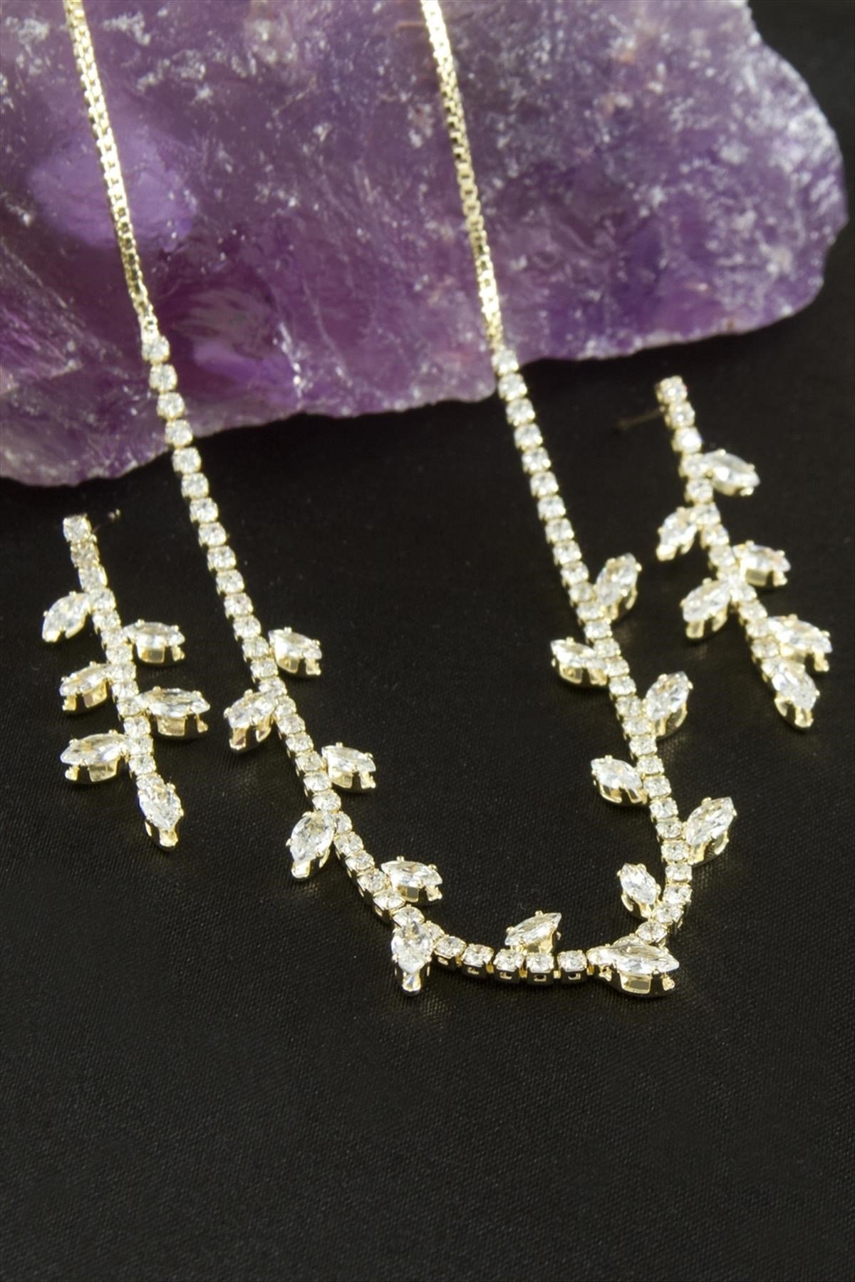 Yaprak Zirkon Taşlı Lüks Set Kolye