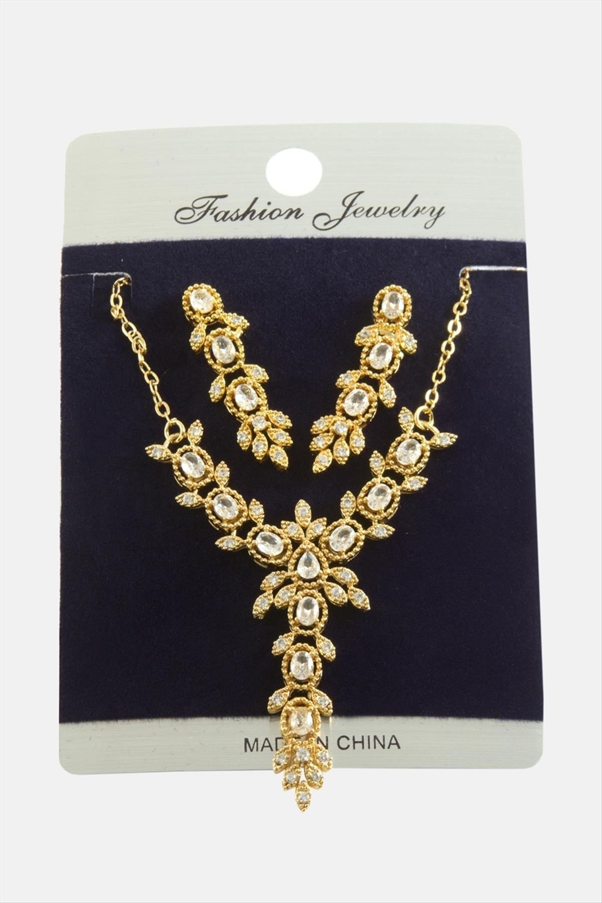 Yaprak Zirkon Taşlı Set Kolye