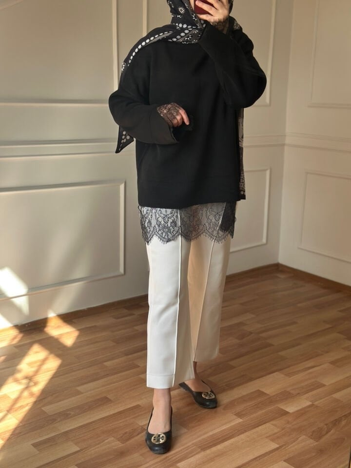 Dantelli Triko Kazak | Siyah