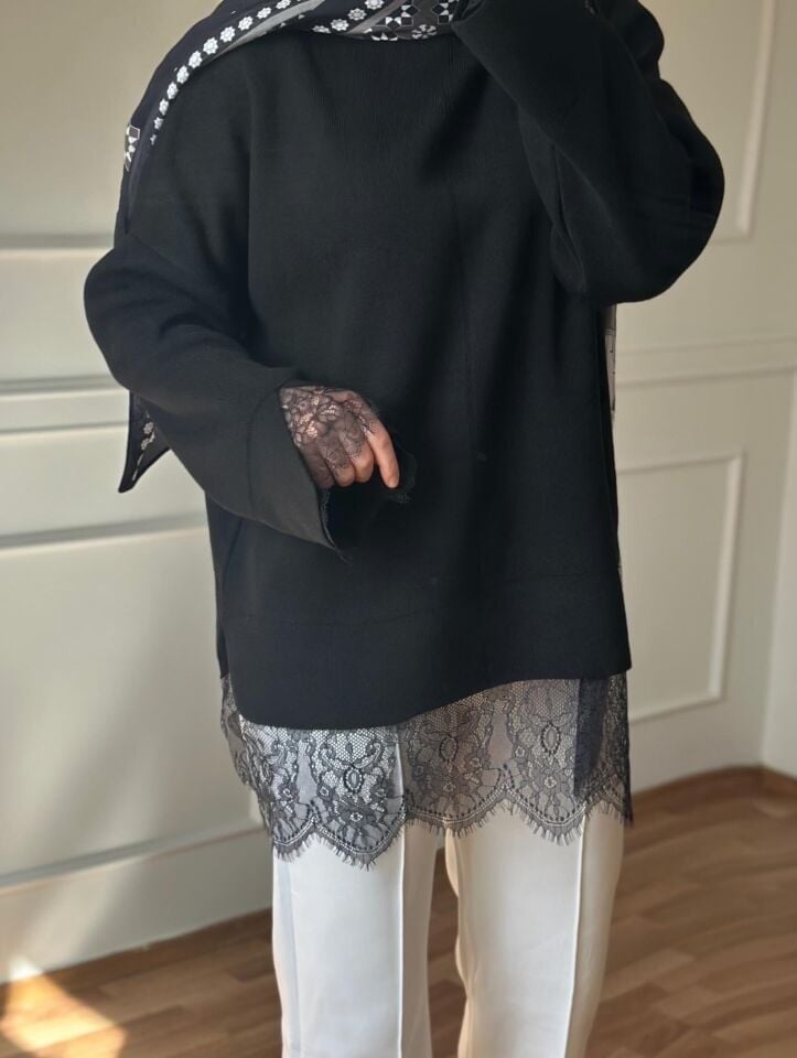 Dantelli Triko Kazak | Siyah