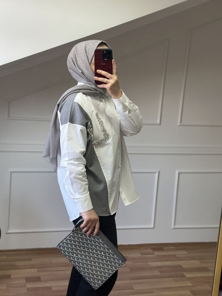 İşlemeli Gömlek | Beyaz Gri