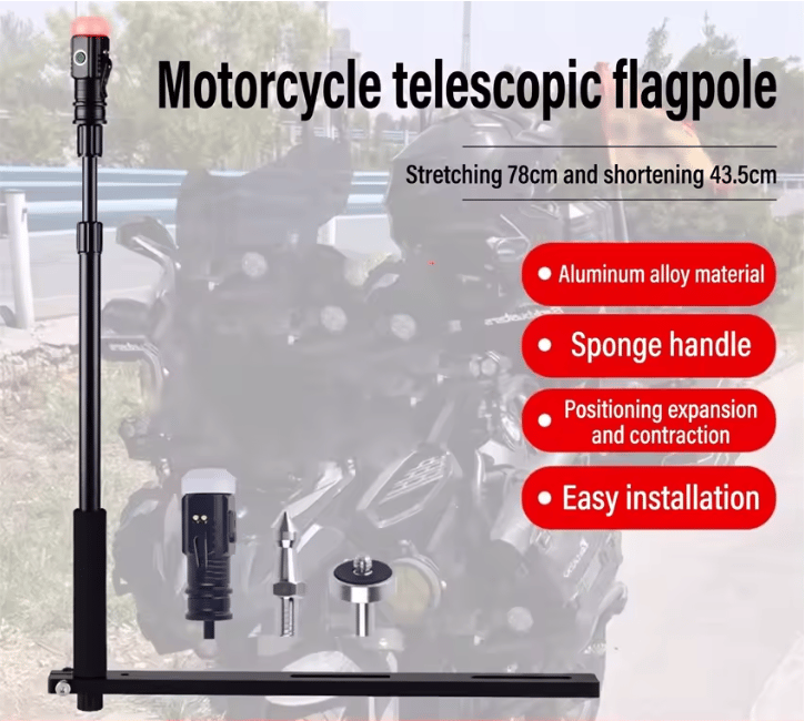 Motosiklet Çiftli Teleskobik Bayrak Direği 3 Mod Işıklı Kamera AparatlıMotosiklet Bayrak Direği Tekli, 3 Mod Işıklı, Bayrak, Aksiyon Kamera Bağlantı Noktaları, Şarjlı Teleskobik 