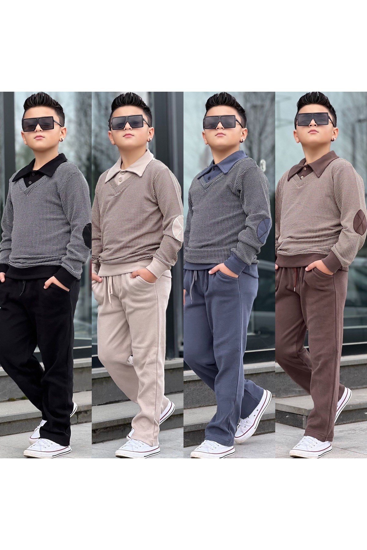 Erkek Çocuk Gömlek Yaka Kazak ve Pantalon 2 Parça Takım