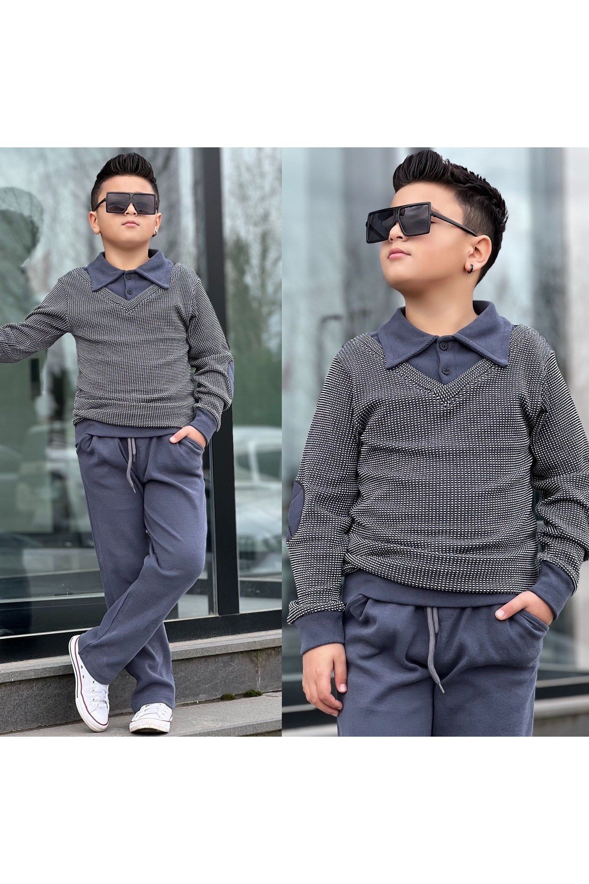 Erkek Çocuk Gömlek Yaka Kazak ve Pantalon 2 Parça Takım