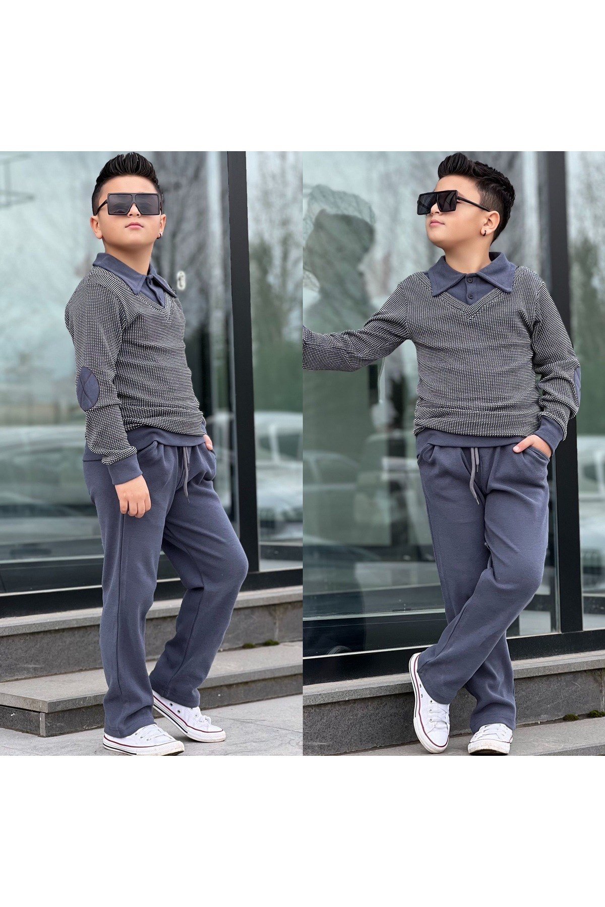 Erkek Çocuk Gömlek Yaka Kazak ve Pantalon 2 Parça Takım